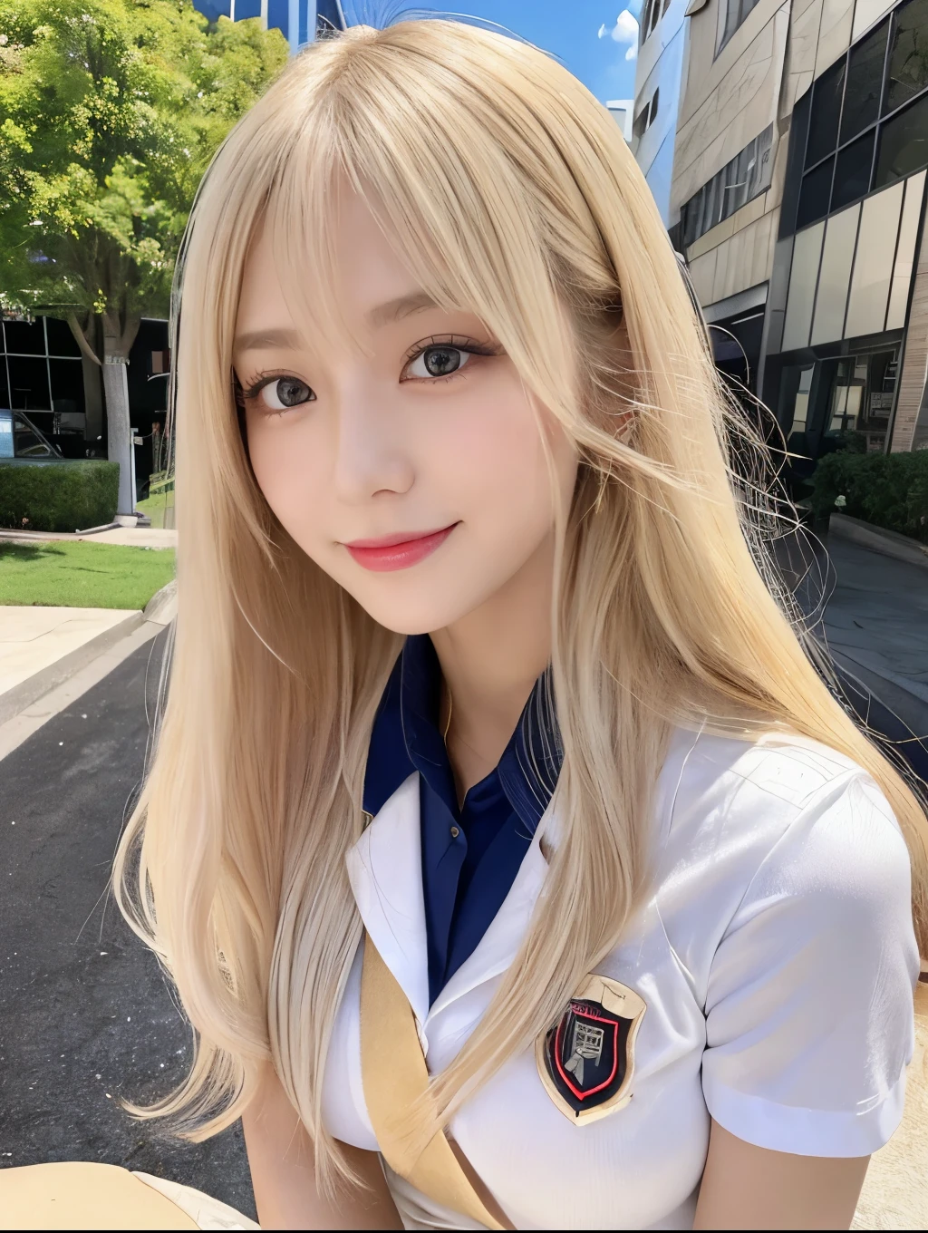 ( Masterpiece, highest quality), 98k, ((Perfect Anatomy:1.3)),Beautiful Japanese Women, Succubus,alone, 18-year-old, Small face,Cute face:1.2,Smiling, Larger breasts, ,Beautifully detailed round eyes, Evenly spaced eyes 1.2, Long platinum blonde hair,Random Hair, (Highly detailed face and skin texture), Beautiful face in golden proportions,White skin,Accentuate your beautiful legs,(Revealing student uniforms:1.2),Random sexy poses, Sunny day,(Standing like a model:1.3)