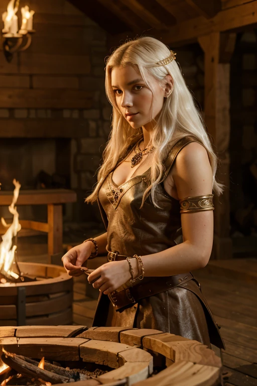 female viking warrior, slim fine face, white hair, delicate celtic ornamental jewelry and fur dress in a wooden pillared hall with fire pits on the ground, masterpiece, best quality, ultra high res, Raw photo, perfect eyes, perfect face, perfect hands