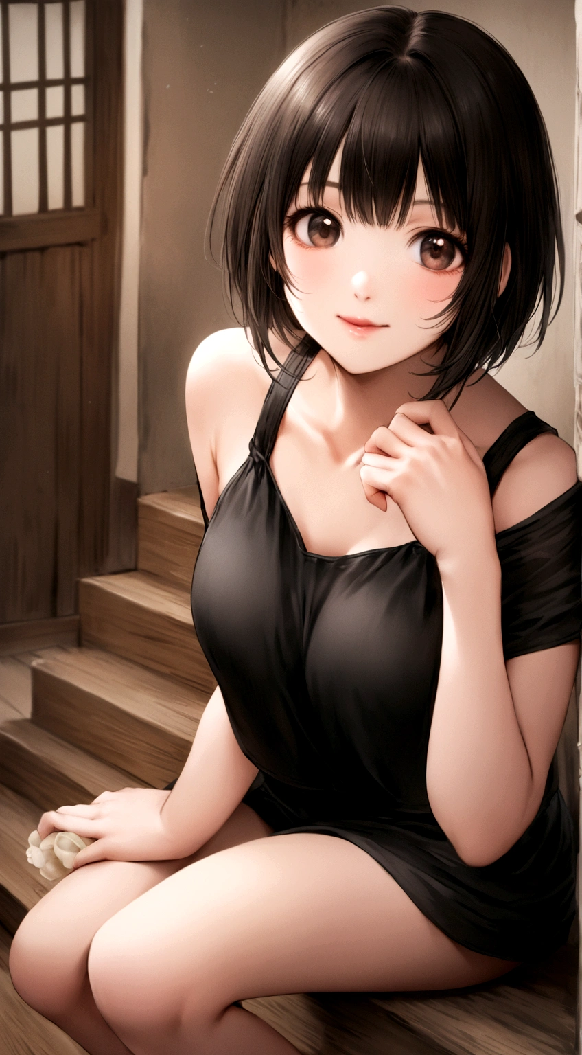 Asian woman in her fifties wearing a black top sitting on the stairs, Yoshitomo Nara, Chiho, With a cute - lovely - face, harumi, Girl cute beautiful face, She is wearing a black tank top, Short hair, Cute young woman, Young Gravure Idol, realistic Young Gravure Idol