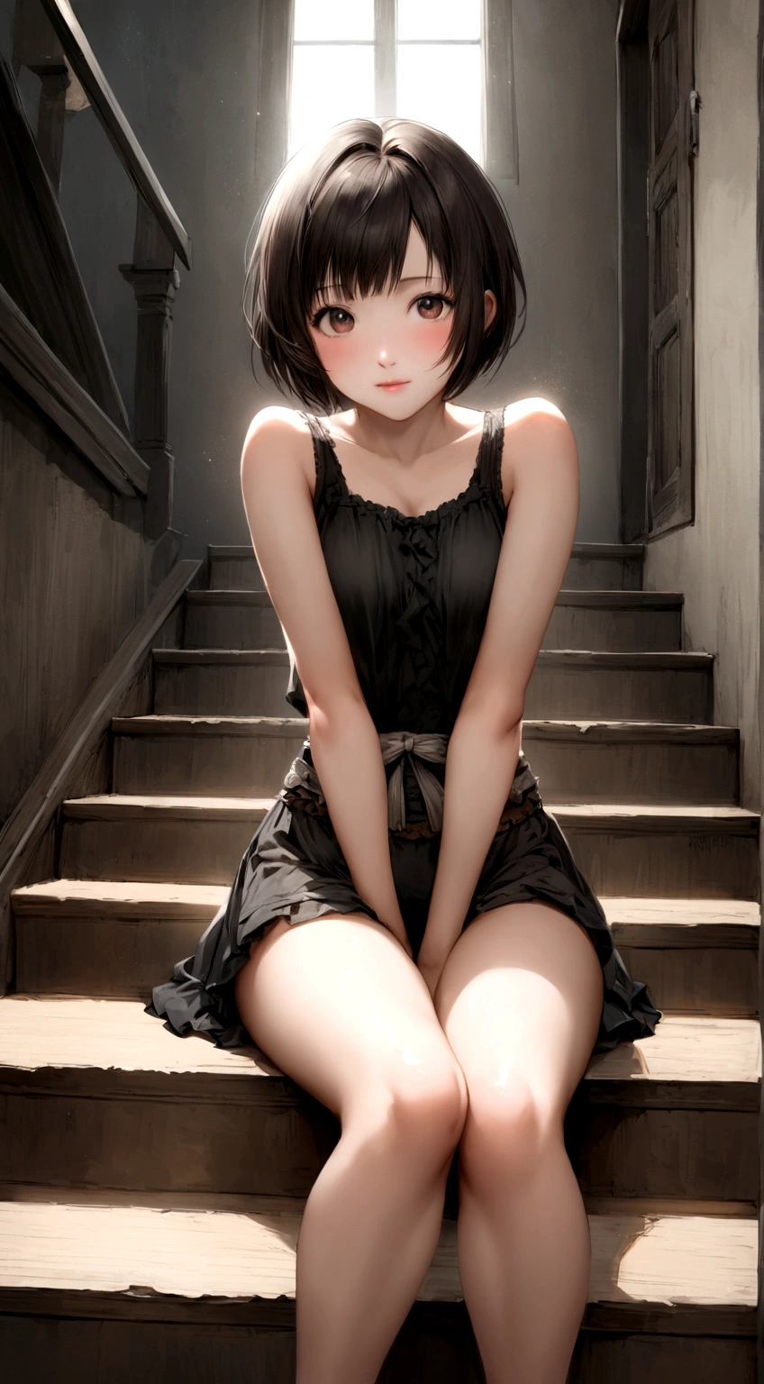 Asian woman in her fifties wearing a black top sitting on the stairs, Yoshitomo Nara, Chiho, With a cute - lovely - face, harumi, Girl cute beautiful face, She is wearing a black tank top, Short hair, Cute young woman, Young Gravure Idol, realistic Young Gravure Idol