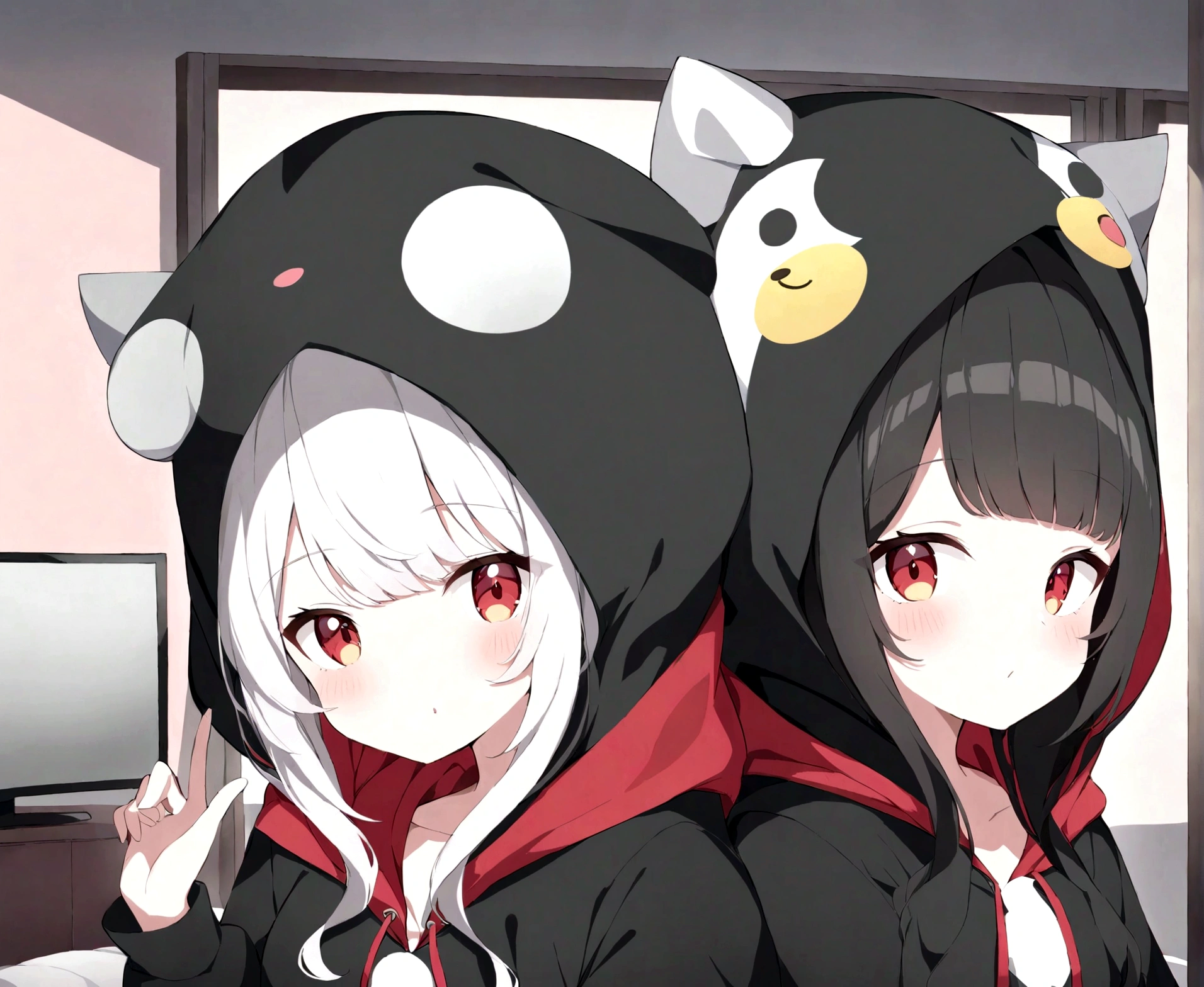wanita berusia 18 tahun dengan hoddie merah hitam,lalu banyak tv dibelakng nya dan ber emoji senyum berwarna hitam di tv nya,