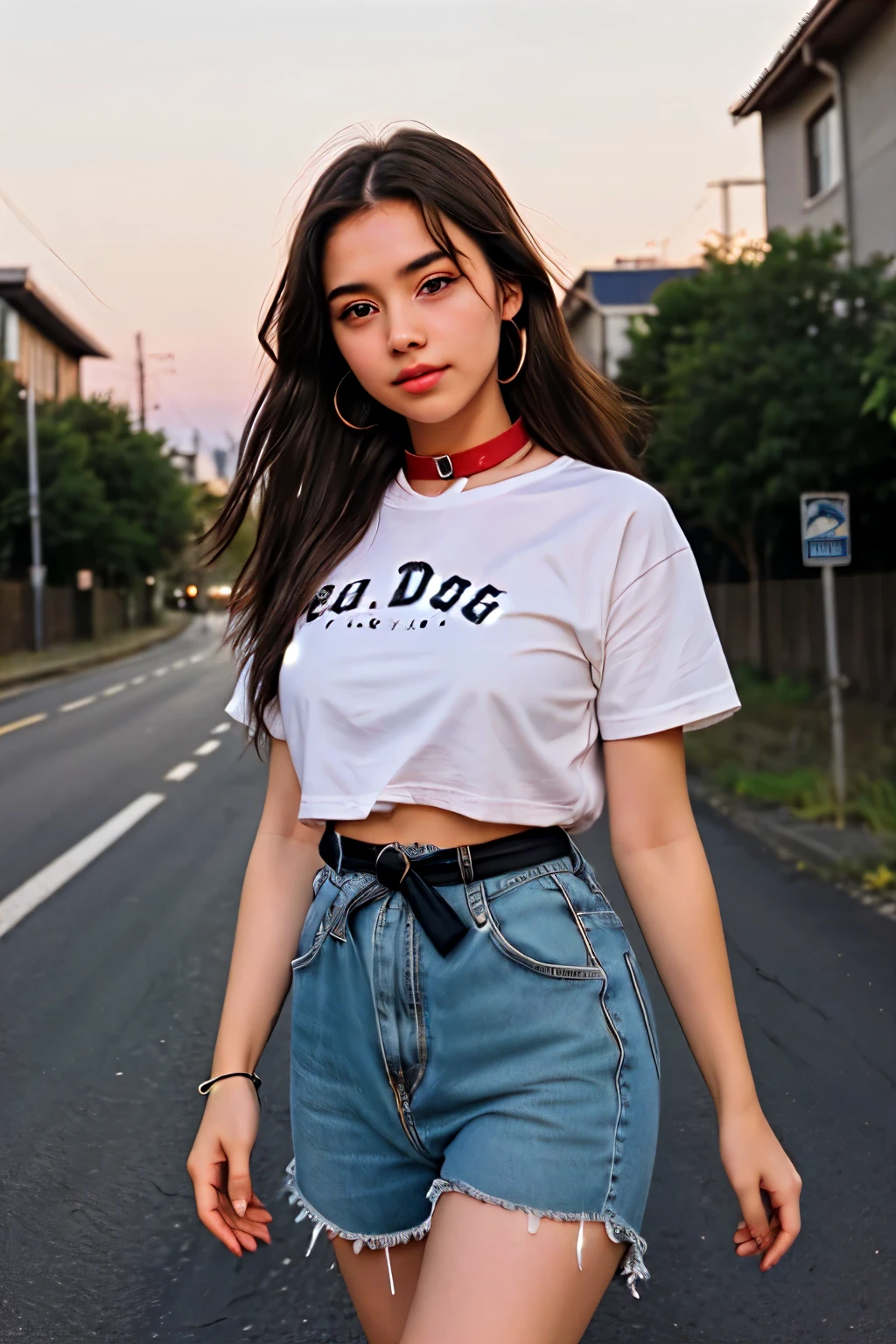Draw a scene  22 years old girl  a square body type cute girl with slightly round face . with waist lenth long hair wearing lower tshirst is walking on the road at midnight in the moon light with a black  dog which is 15th years old with red collar band .                
      Draw a ai image 