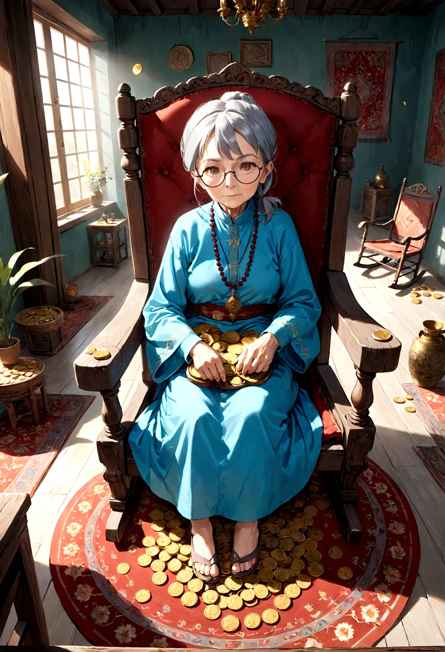 An 86-year-old lady in old clothes, gray hair tied up, her soft gaze shining as she looks straight ahead, wearing glasses and an expression marked by time, an ancient healer, she is sitting in a rocking chair in a large room with beautiful Persian carpet with several coins scattered on the floor. She's looking at the camera for high-resolution, HD, and high-definition images.