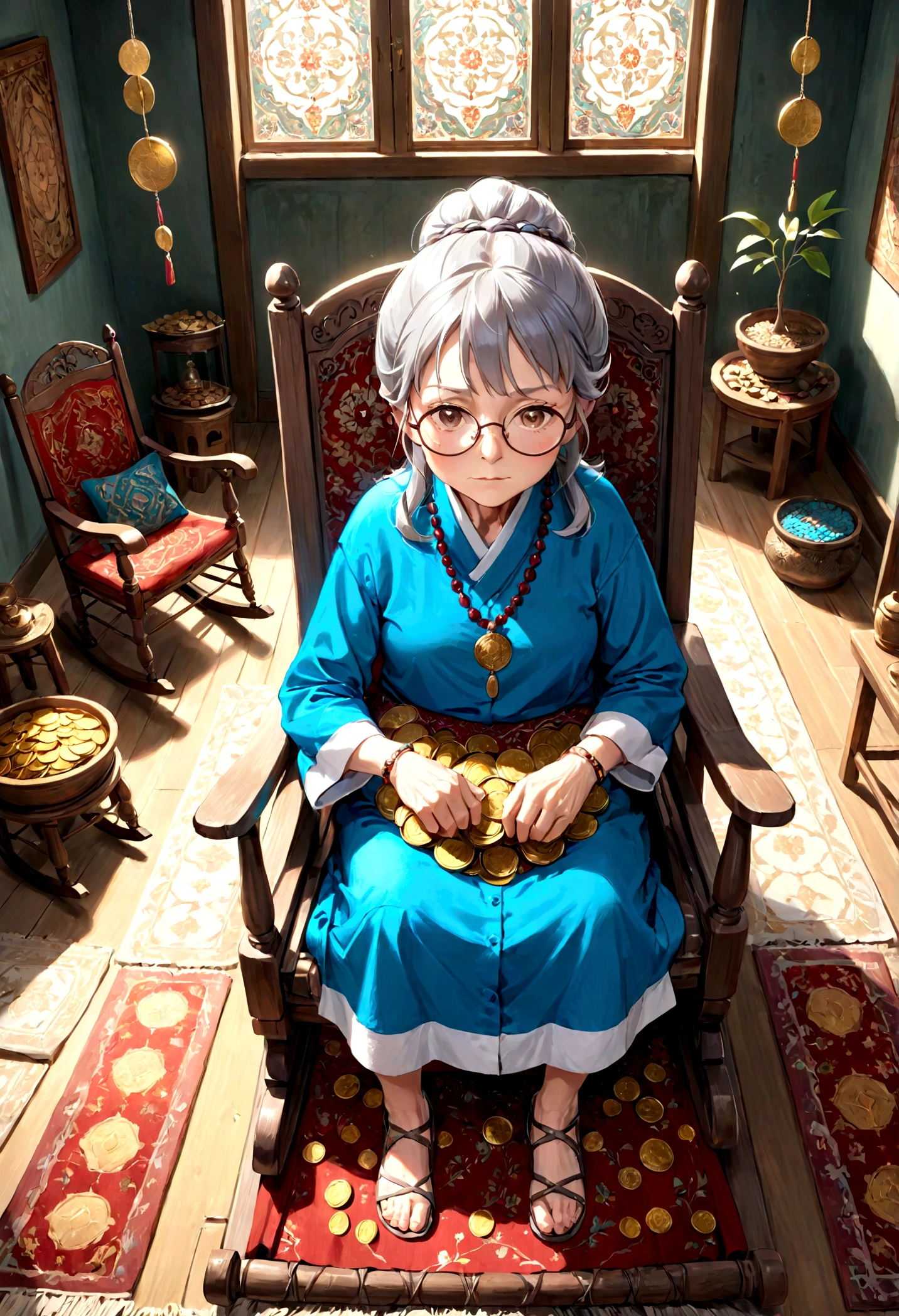 An 86-year-old lady in old clothes, gray hair tied up, her soft gaze shining as she looks straight ahead, wearing glasses and an expression marked by time, an ancient healer, she is sitting in a rocking chair in a large room with beautiful Persian carpet with several coins scattered on the floor. She's looking at the camera for high-resolution, HD, and high-definition images.