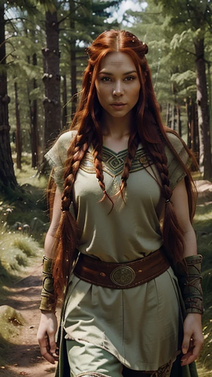 red-haired woman, long braided hair, green eyes, light skin, slim beautiful face with feminine Arab features, wearing Viking outfit in the middle of the forest