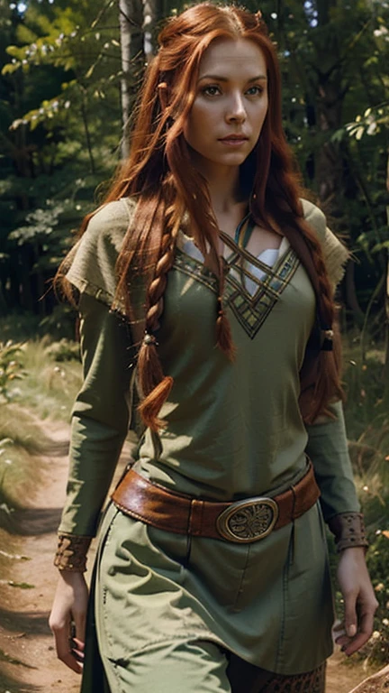 red-haired woman, long braided hair, green eyes, light skin, slim beautiful face with feminine Arab features, wearing Viking outfit in the middle of the forest