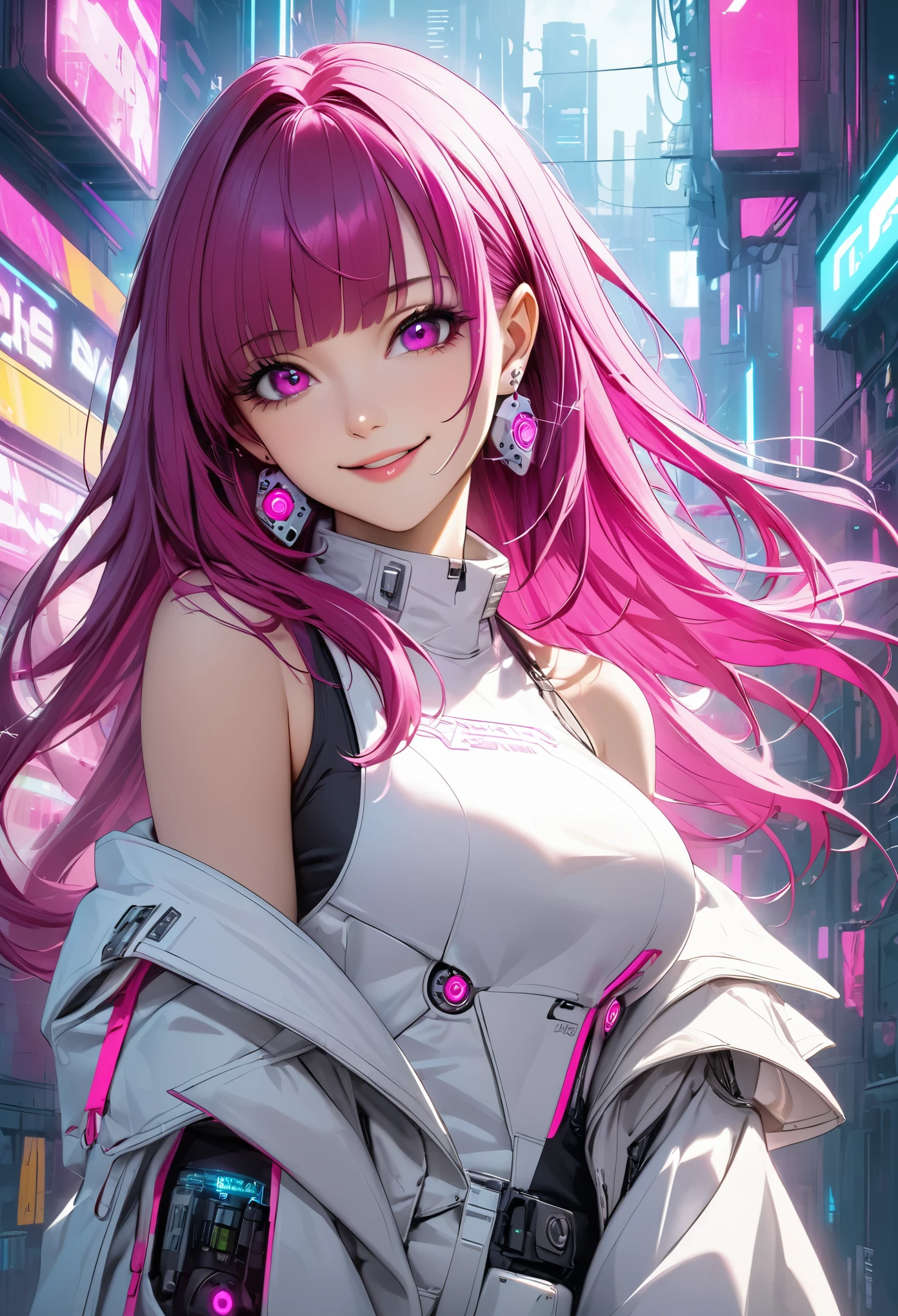 Beautiful, solo, 1 female, mature, long hair, magenta hair with bangs, hotpink eyes, white clothes, smile facial, futuristic, cyberpunk, dices, earrings