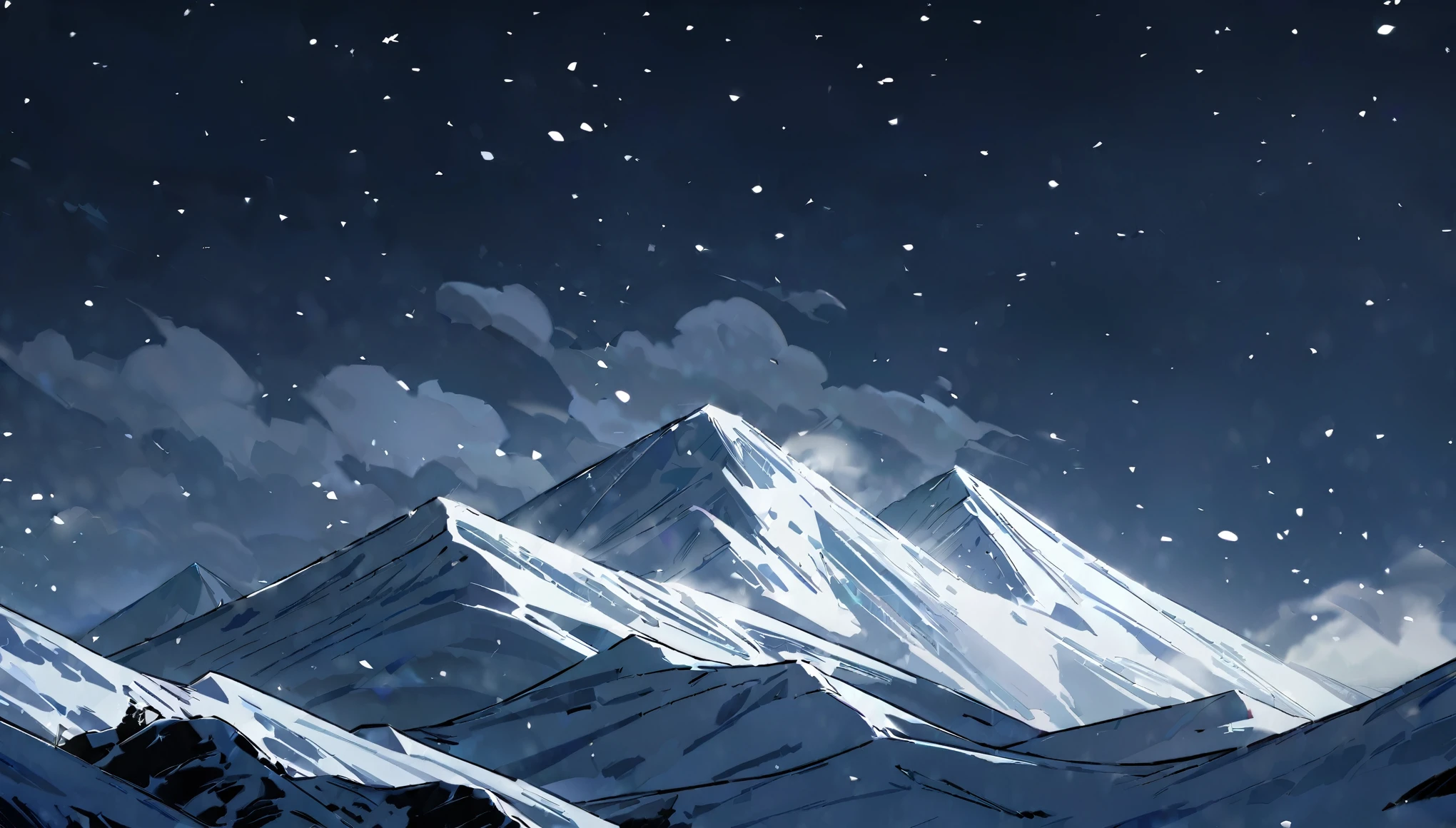 winter sky, dark, night, summit, clouds, star, snow, snow falling, cold, freezing, blizzard, mountains, wind, masterpiece, clean lineart, clean anime outlines, best quality, high quality, high details, super detail, best quality, ultra-detailed, HD,