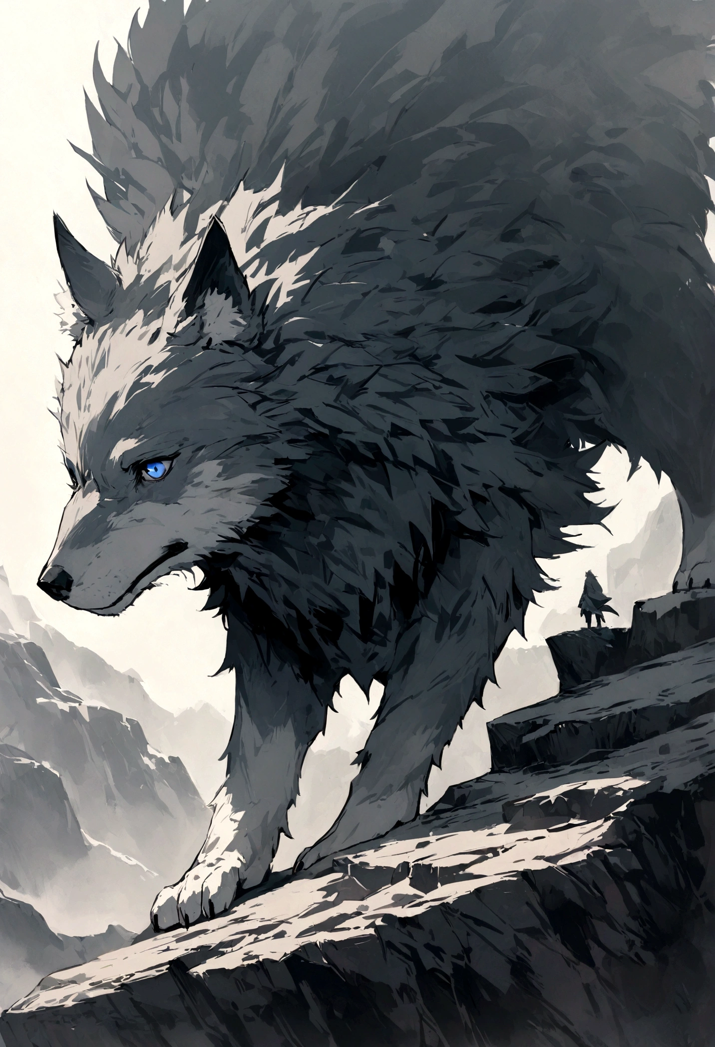 A lone wolf standing on a rocky mountain ledge, its fur ruffled by the wind, staring out into the vast wilderness below, a sense of determination in its eyes.