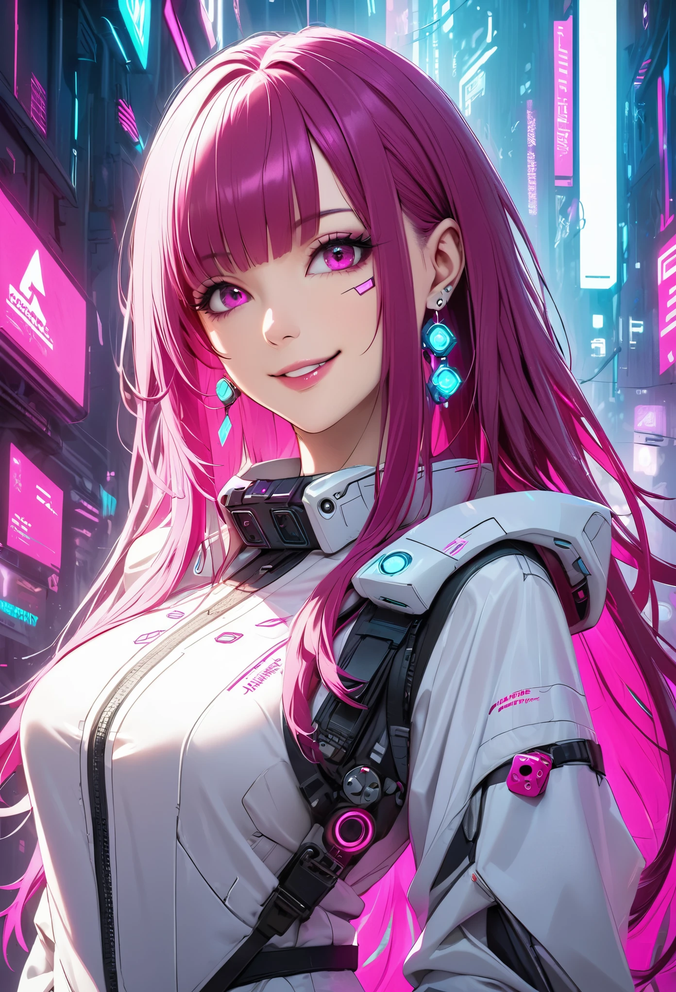 Beautiful, solo, 1 female, mature, long hair, magenta hair with bangs, hotpink eyes, white clothes, smile facial, futuristic, cyberpunk, dices, earrings