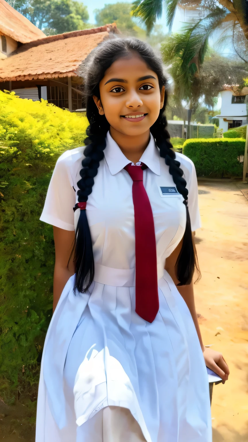 Raw photo , 1 girl  ,Wearing white frock and color tie, white shoes ,sri lanka  girl, with plait, stand in the ground big breasts, sexy , professional photographer, (hdr:1.4), masterpiece, ultra-realistic 8k, perfect artwork, intrincate details, cute face, award winning photograph, (Best quality, 8k, 32k, Masterpiece, UHD:1.3) , big boobs, boobs