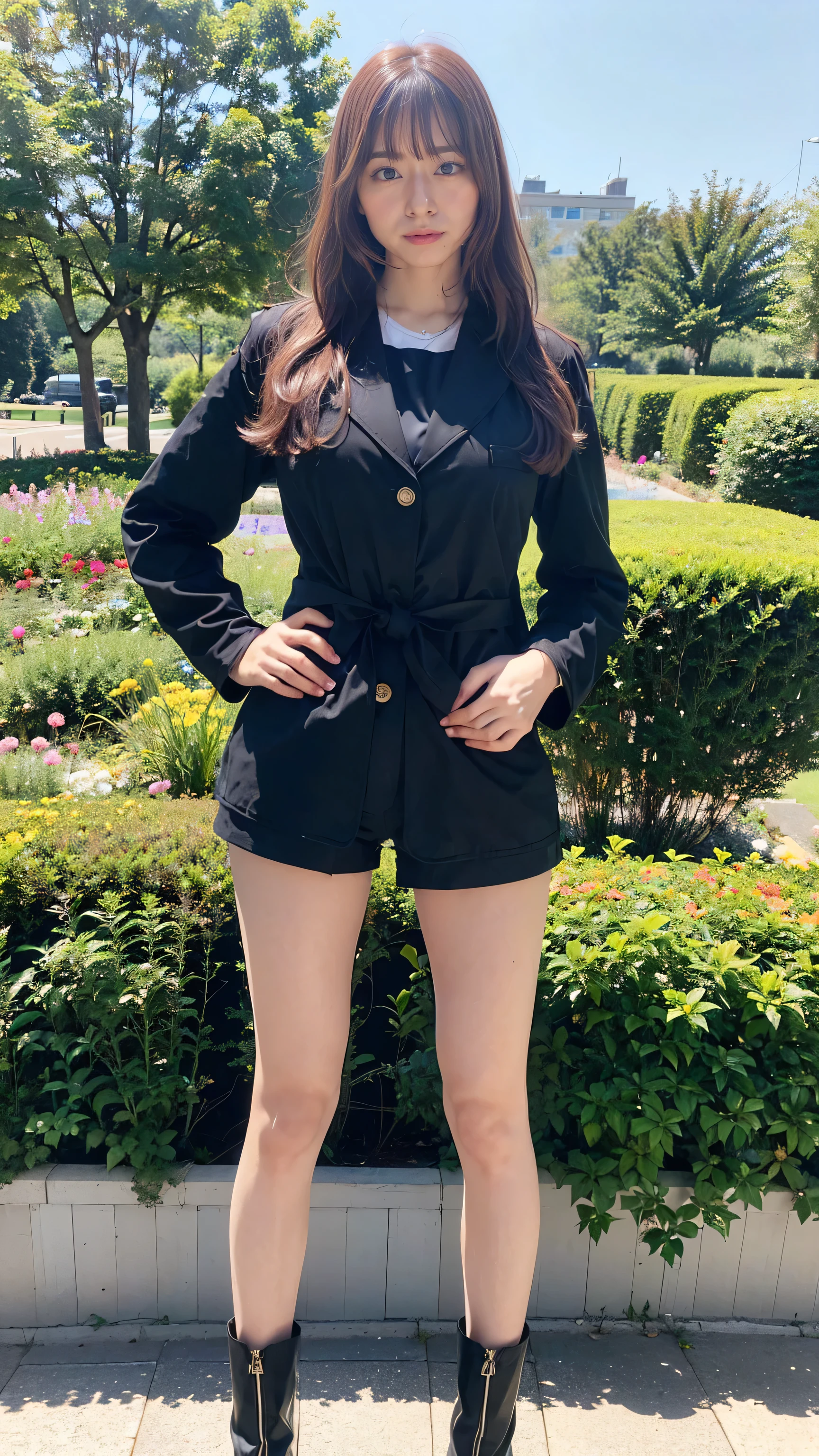 (8k、RAW Photos、highest quality、masterpiece:1.2)、(Realistic、Realistic)、1 girl、((Black jacket、suit、Shorts、Big Breasts、boots、whole body、garden、View from the front、Looking into the camera、Standing with hands on hips))、