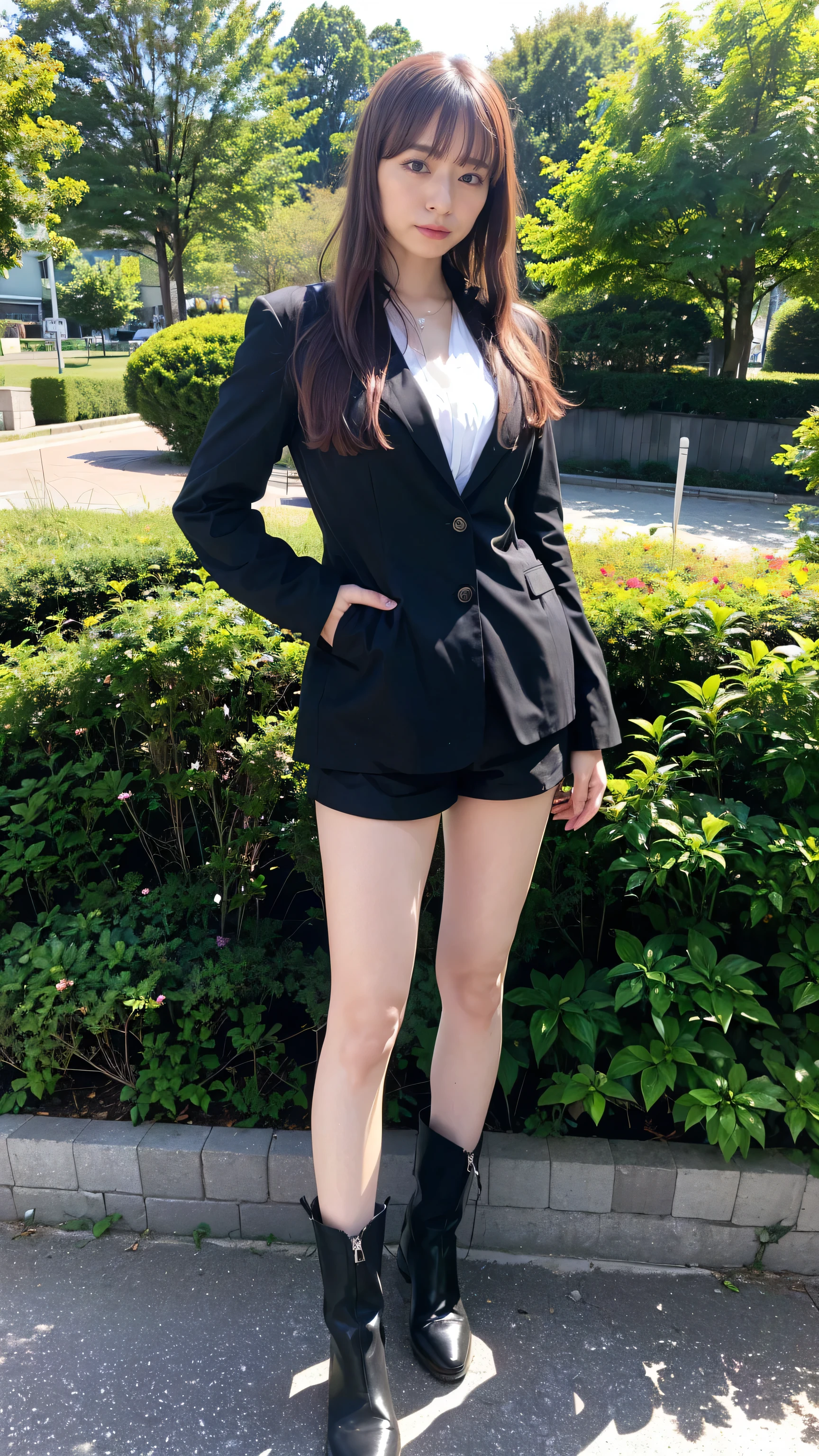 (8k、RAW Photos、highest quality、masterpiece:1.2)、(Realistic、Realistic)、1 girl、((Black jacket、suit、Shorts、Big Breasts、boots、whole body、garden、View from the front、Looking into the camera、Standing with hands on hips))、