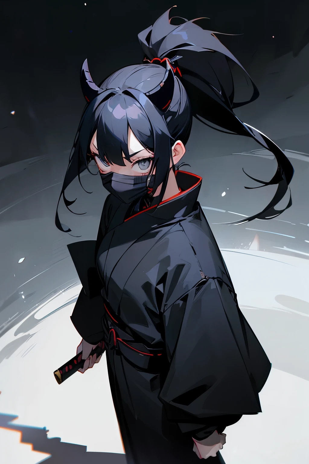 Samurai girl, ponytail, black hair like a shadow. He has a space black samurai sword, a black and gray outfit, a giant demon mask, and a .