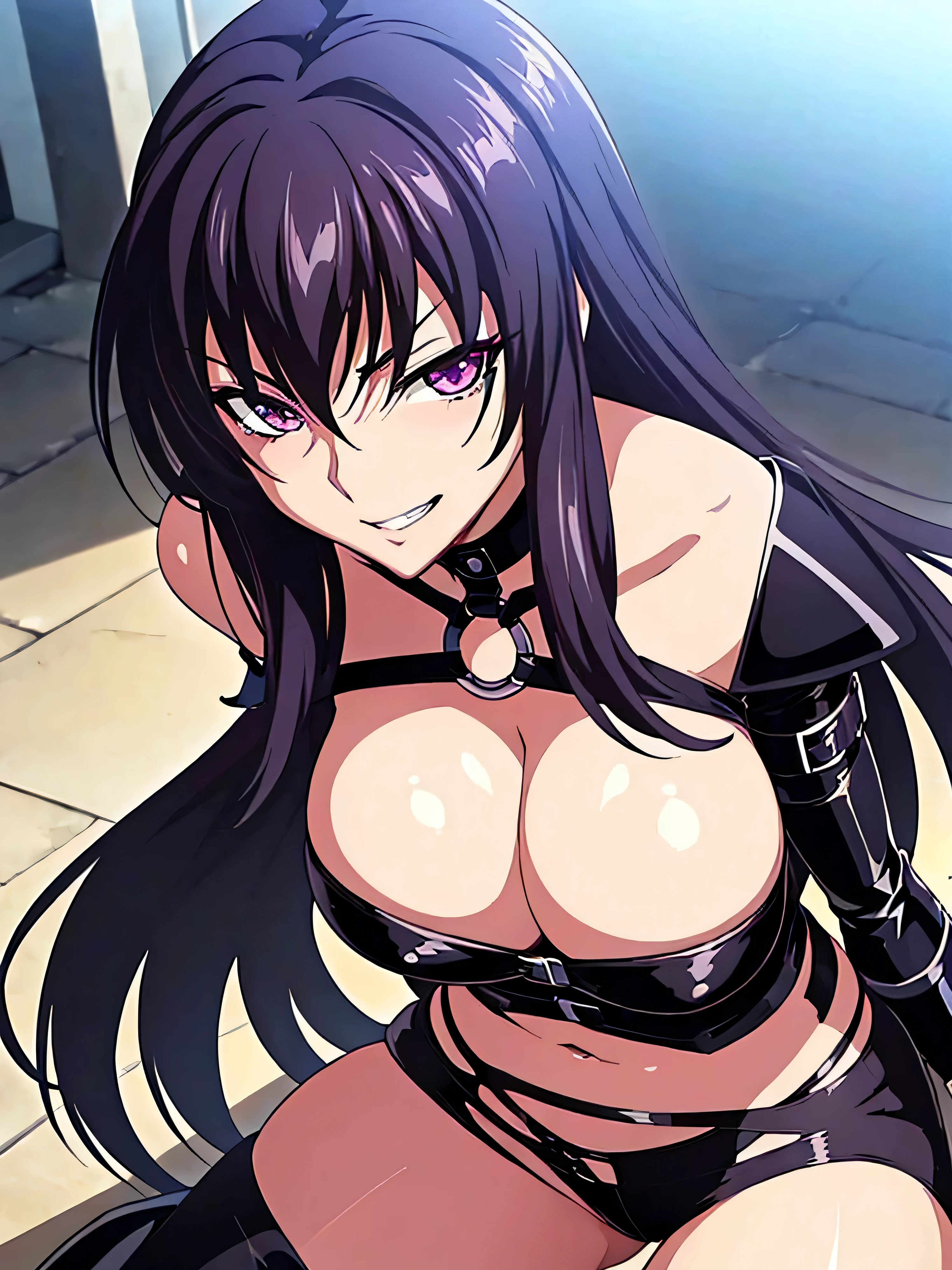 (night:1.7), , , collarbone,choker,black outfit,belly button, Torn_Clothes, Torn_Legwear,rock,collar, Pauldrons, High Leg,boots,Knee socks, purple_eye,,black_hair,very_length_hair,elbow_gloves, 1 girl, 20 years,Mature Woman,beautiful Finger,beautiful length legs,beautiful body,beautiful Nose,beautiful character design, perfect eye, perfect face, looking at the Viewer, (Innocent_big_eye:1.0),smile,evil_笑face,evil_face,Grin,View,, collarbone,choker,black outfit,belly button, Torn_Clothes, Torn_Legwear,rock,collar, Pauldrons, High Leg,boots,Knee socks, purple_eye,,black_hair,very_length_hair,elbow_gloves, 1 girl, 20 years,Mature Woman,beautiful Finger,beautiful length legs,beautiful body,beautiful Nose,beautiful character design, ,, looking at the Viewer, ,, ,Official Art,Highly detailed CG Unity 8k wallpaper, Perfect lighting,colorful, , (masterpiece:1.0),(Highest_quality:1.0), 超High resolution,4K,Very detailed, photo shoot, 8k, High resolution, High resolution, Confused:1.2, Kodak Portrait 400, Film Grain, Blurred Background, Bokeh:1.2, Lens flare, (Vibrant_color:1.2) (beautiful,big_chest:1.4), (beautiful_face:1.5),(narrow_Waist),alone,naughty face,(evil huge laugh:1.1),saded face,smile worst,right three thorns shoulder pad,latex finger,laugh at,open mauth,