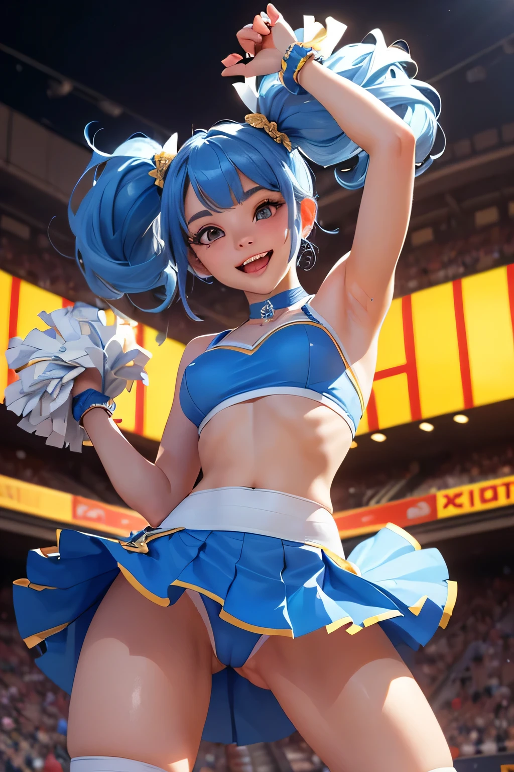 (Photorealistic:1.8, highest quality:1.8,8K masterpiece:1.8,High resolution,Mastepiece:1.8,RAW Photos,Cinematic lighting),No split screen、Stadium、Miniskirt Cheerleader、cameltoe、Back view、Angle from below、Buttocks up、
(Real skin texture:1.3)、(Blue hair, pigtails)、Woman's Costume（choker）、Crotch close-up、Spread the genitals、((Perfect female body))、
(Beautiful expression、A rich expression、Open your mouth and cheer、A big smile:1.4)、
Beautiful Face、Beautiful Eyes、Esbian all over、(Random Sexy Poses:1.3、thrust one&#39;s hips upward、Stick your hips out to the camera:2.3)、cameltoe、(Immersive atmosphere、Chiaroscuro:1.5、Bright light:1.2、Bright lighting)、Realistic:1.3、Long Shot、The woman is naked、woman is nude、Adult video shoot