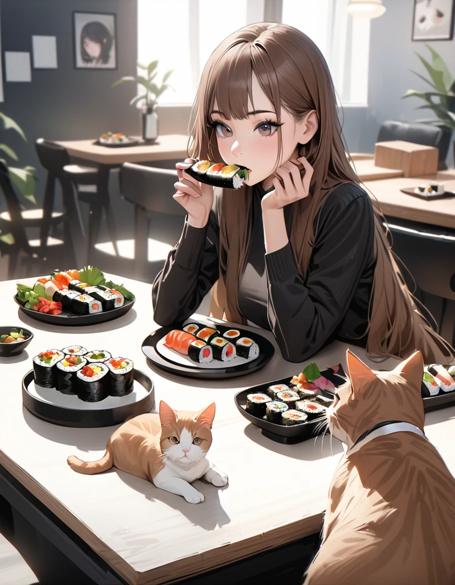 the best，On the table，Ultra-high quality，Realist，girl and cat，(beautiful face 1.4)，(Lots of delicious sushi on the table)，( Beautiful woman eating food elegantly)，Solitary，Realist，Silky long hair，(brown hair)，