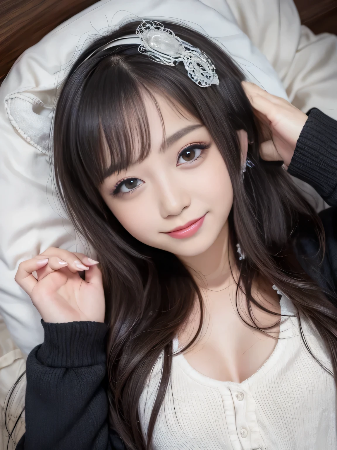 Gothic ta、beauty、A single photo、One Woman、White clothes、camisole、Cute sleeping face、smile、Smiling with teeth showing、Sleep、In the futon、close your eyes、No makeup、No makeup、20-year-old、Fair skin、Black Hair、
