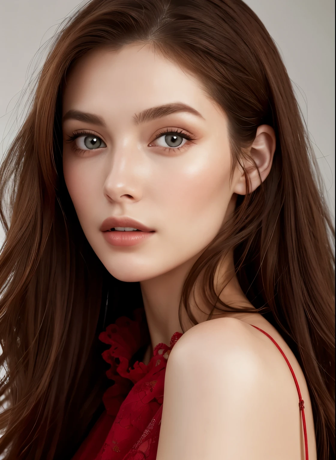 Close up portrait of long-haired woman in red dress, Portrait of Sophie Mudd, Attractive girl, Very beautiful face, Brown Hair Girl, Anna Nikonova、Also known as New Milky, Beautiful Model girl, Gorgeous and attractive face, Beautiful, round face, Beautiful Model, nodded, Attractive beautiful face, Gorgeous Woman, portrait of a Beautiful Model, Gorgeous young model