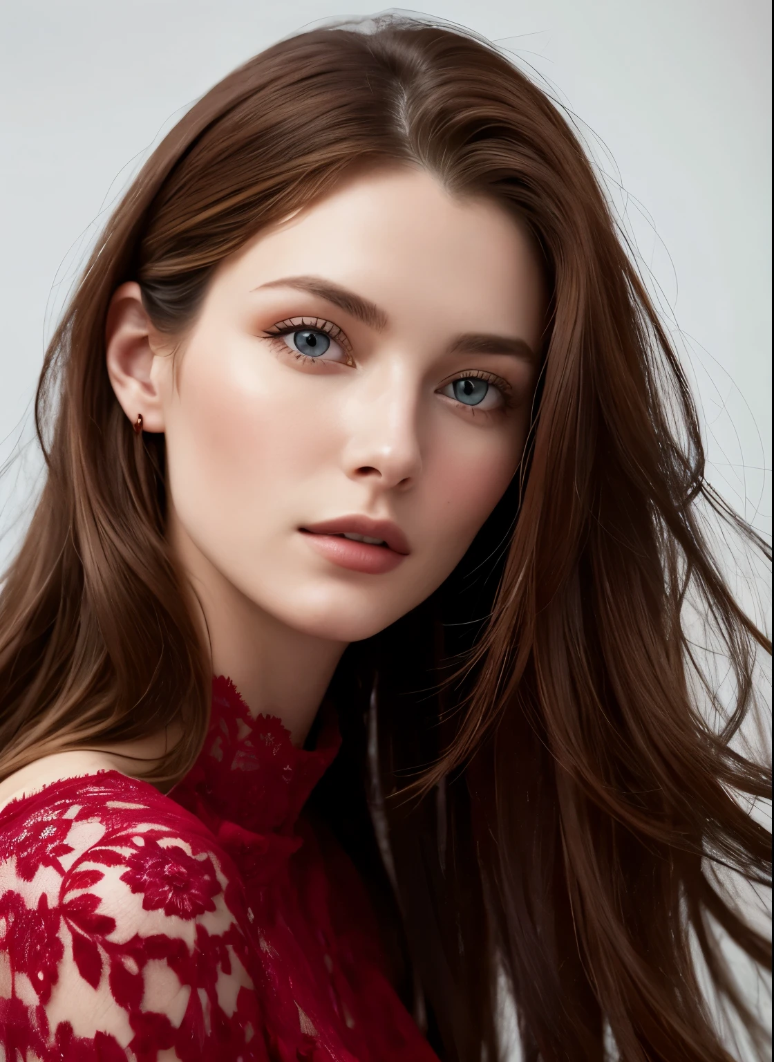 Close up portrait of long-haired woman in red dress, Portrait of Sophie Mudd, Attractive girl, Very beautiful face, Brown Hair Girl, Anna Nikonova、Also known as New Milky, Beautiful Model girl, Gorgeous and attractive face, Beautiful, round face, Beautiful Model, nodded, Attractive beautiful face, Gorgeous Woman, portrait of a Beautiful Model, Gorgeous young model