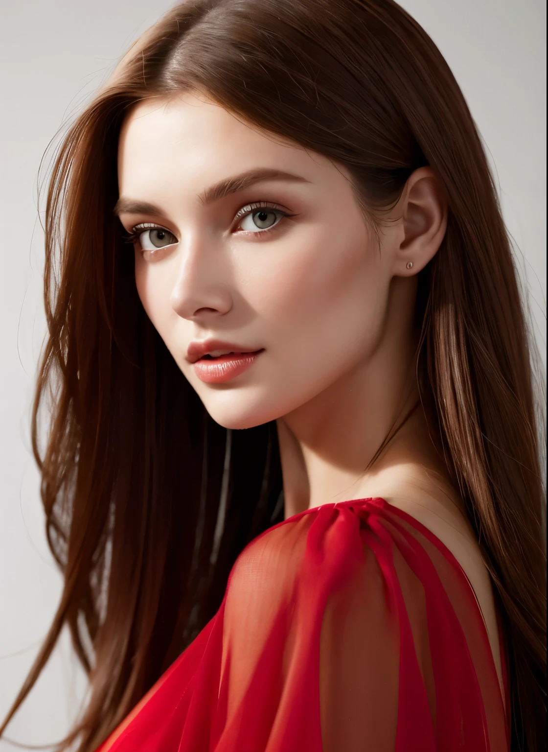 Close up portrait of long-haired woman in red dress, Portrait of Sophie Mudd, Attractive girl, Very beautiful face, Brown Hair Girl, Anna Nikonova、Also known as New Milky, Beautiful Model girl, Gorgeous and attractive face, Beautiful, round face, Beautiful Model, nodded, Attractive beautiful face, Gorgeous Woman, portrait of a Beautiful Model, Gorgeous young model