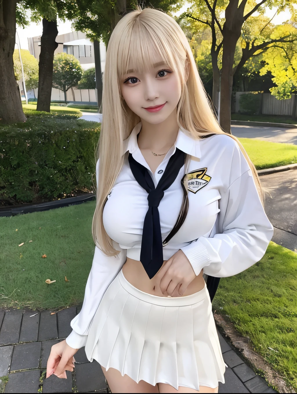 ( Masterpiece, highest quality), 98k, ((Perfect Anatomy:1.3)),Beautiful Japanese Women, Succubus,alone, 18-year-old, Small face,Cute face:1.2,Smiling, Larger breasts, ,Beautifully detailed round eyes, Evenly spaced eyes 1.2, Long platinum blonde hair,Random Hair, (Highly detailed face and skin texture), Beautiful face in golden proportions,White skin,Accentuate your beautiful legs,(Revealing student uniforms:1.2),Random sexy poses, Sunny day,（Standing like a model:1.3）
