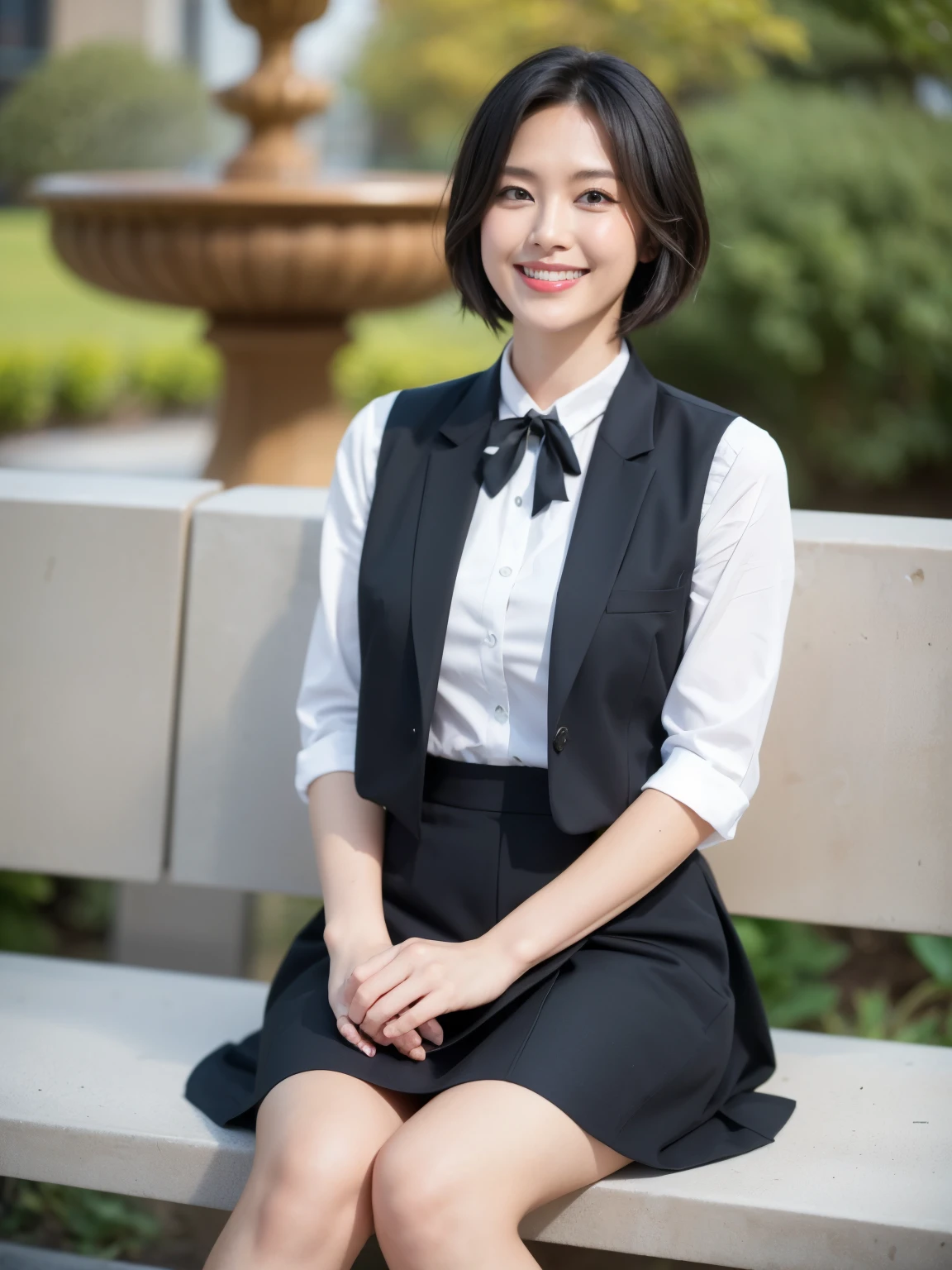 最high quality, In 8K, Masseter region, Vibrant, Sharp focus, high quality, High resolution, Detailed face, fine grain, Thick lips, (Looking at the audience), alone, Beautiful woman, 38 years old, Japanese women, ((Very short black hair:1.hort Bob Hair:1.4), Cleavah break、Large city park、Green Grass、In front of a big fountain、(sitting on a park bench:1.3)、(Full body photo:1)、(Japanese women)、(Mitsubishi Bank uniform:1.8), (She is wearing a dark blue vest over a white blouse:1.5), The vest has three gold buttons, (Red on tie:1.6)、(Knee-length dark blue skirt)、(Black pumps:1.5)、(Red lipstick:1)、(smile:1.3)、(std body type)up breasts)