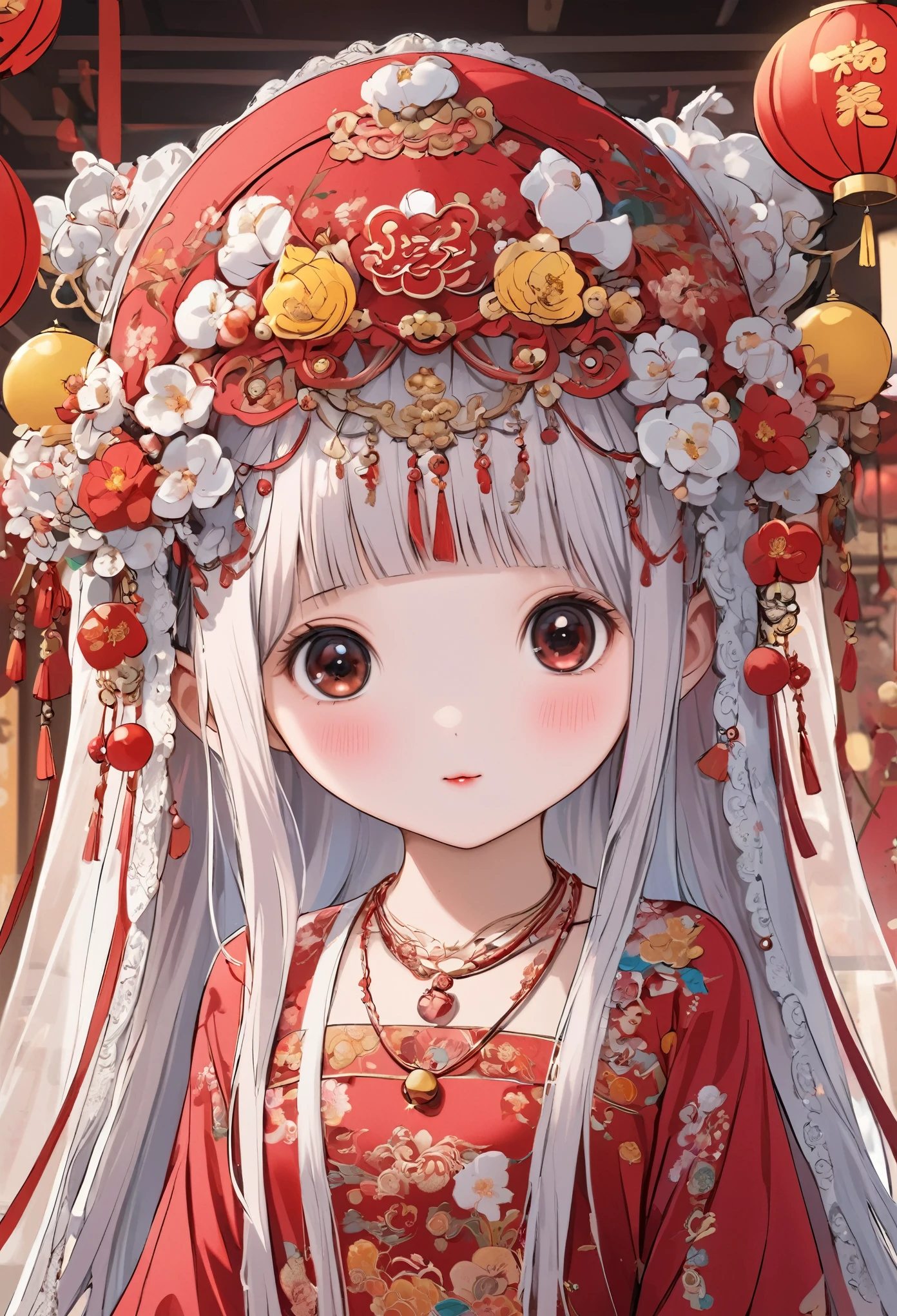 very long hair,（（（Eyes are very delicate）））（（（hair accessories）））（（（veil）））,necklace,Misako wears a red transparent sexy silk dress, ((skin glowing))The room is filled with Chinese New Year decorations（（（masterpiece）））, （（best quality））, （（intricate details））, （（Surreal））（8k）, ****