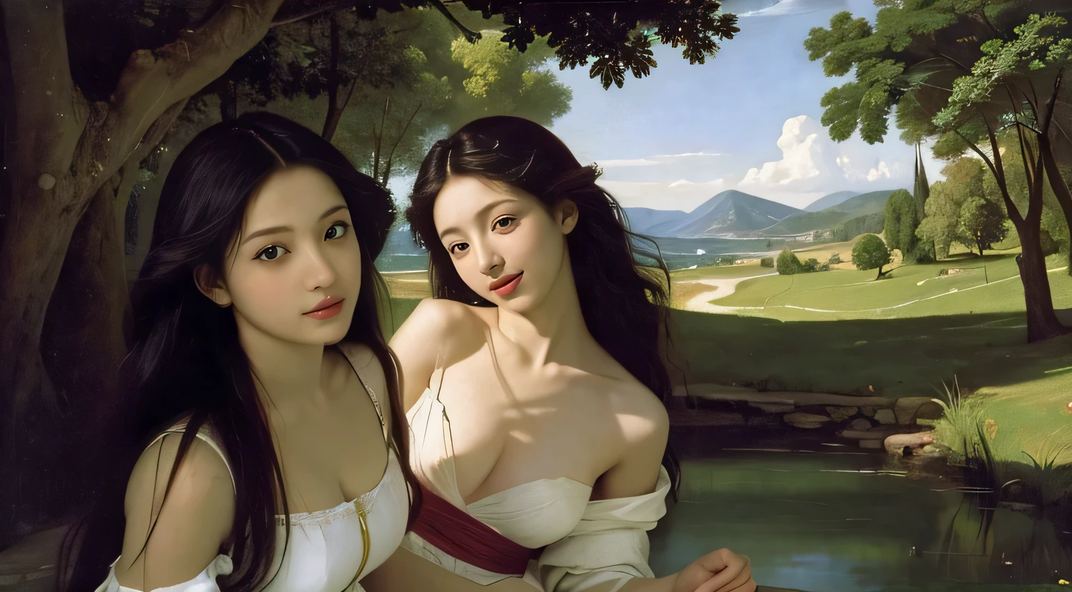 Giorgione painting style,Barbizon forest A beautiful woman in Greek dress smiles on the shore,Sweet and seductive appearance.、Caravaggio's paintings、Chiaroscuro of Caravaggio、hair tousled by the wind,Two women frolicking,cute smile, expression of ecstasy,Sexy,erotic, full body portrait