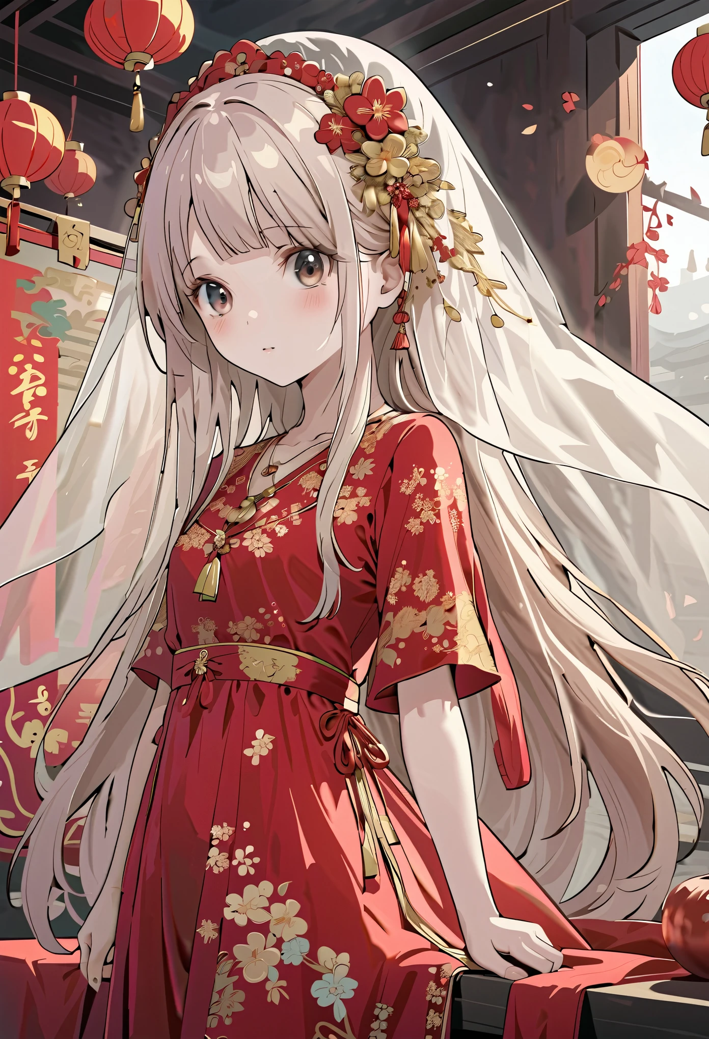 very long hair,（（（Eyes are very delicate）））（（（hair accessories）））（（（veil）））,necklace,Misako wears a red transparent sexy silk dress, ((skin glowing))The room is filled with Chinese New Year decorations（（（masterpiece）））, （（best quality））, （（intricate details））, （（Surreal））（8k）, ****