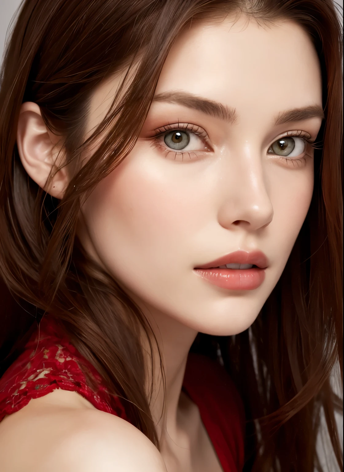 Close up portrait of long-haired woman in red dress, Portrait of Sophie Mudd, Attractive girl, Very beautiful face, Brown Hair Girl, Anna Nikonova、Also known as New Milky, Beautiful Model girl, Gorgeous and attractive face, Beautiful, round face, Beautiful Model, nodded, Attractive beautiful face, Gorgeous Woman, portrait of a Beautiful Model, Gorgeous young model
