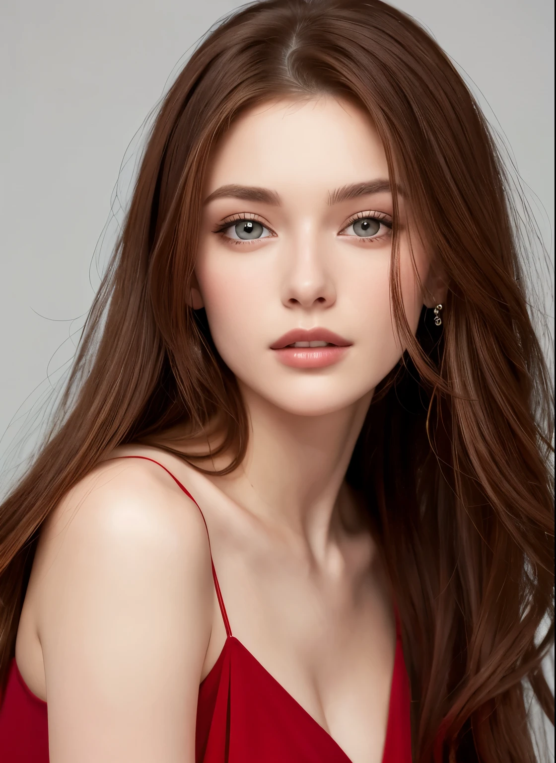 Close up portrait of long-haired woman in red dress, Portrait of Sophie Mudd, Attractive girl, Very beautiful face, Brown Hair Girl, Anna Nikonova、Also known as New Milky, Beautiful Model girl, Gorgeous and attractive face, Beautiful, round face, Beautiful Model, nodded, Attractive beautiful face, Gorgeous Woman, portrait of a Beautiful Model, Gorgeous young model