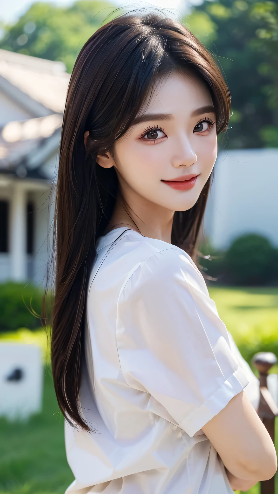 masterpiece、top-quality)、1 beautiful girl, (Detailed beautiful eyes), ((Detailed skin)) , ((Detailed medium hair)), in the white villa、((Boyish Brown Medium Hair))、((Smaller face))、((Neutral face))、((Face seen from the side))、((Light brown eyes))、((Korean Girl))、((18year old))、((shirt and short))、((A shy smile on his face))、((Korean Makeup))、((elongated and sharp eyes))、((Happy dating))、((boyish))、((Shot from the same height as your face)、full body , RAW photos, on the white villa ), ((CG rendering)), ((Blurred background)), ((16K)), ((Very detailed)), ((wallpaper)), ((depth of field)), ((movie light)), (( Ray tracing)).