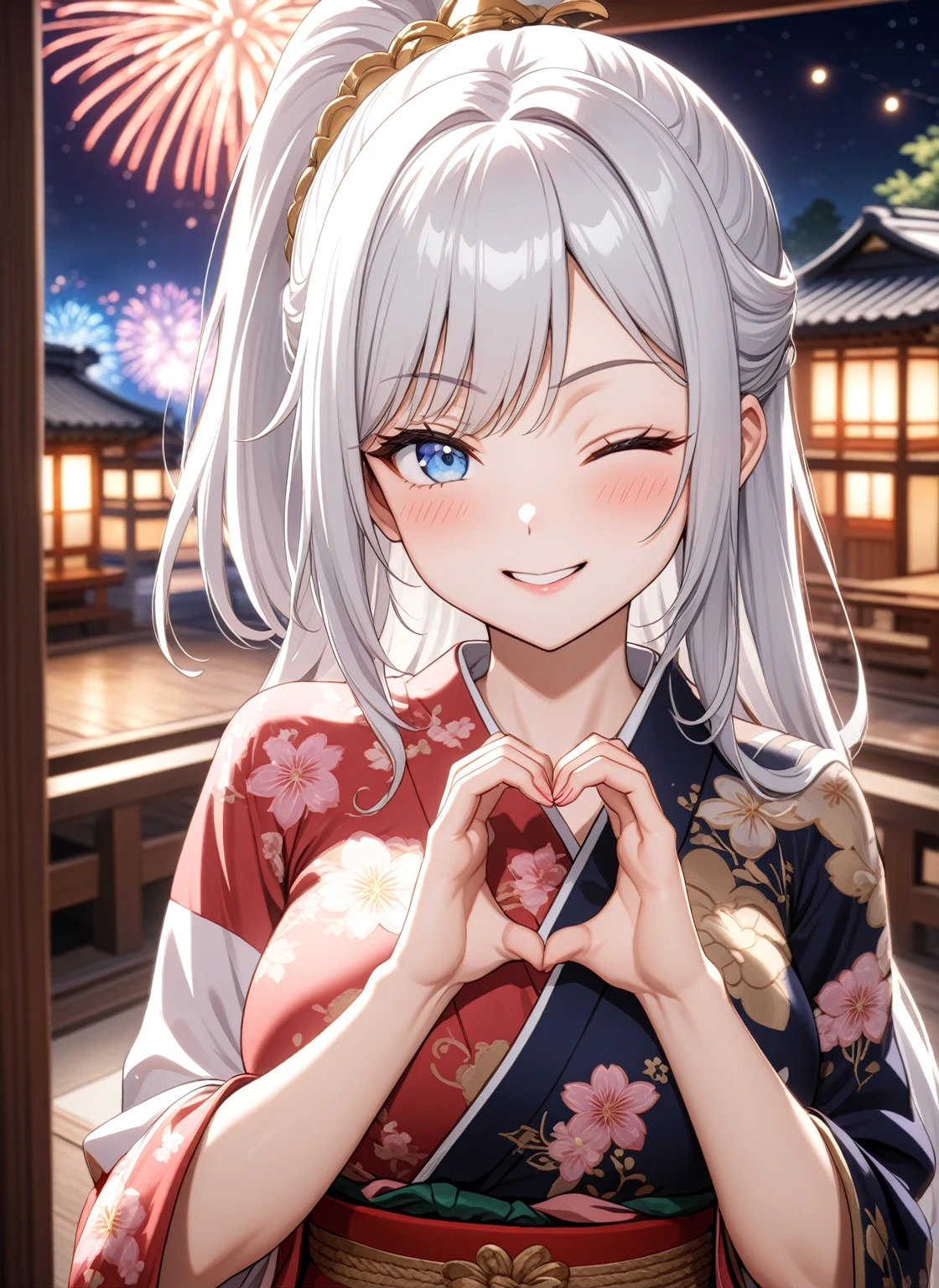 ((one personの女性)), Beautiful Face,Laugh shyly,((Wink:2.0)),,turn bright red,Glossy pink lips,night,Japanese-style room of the shrine,firework,((Anime style background)),masterpiece, highest quality, so beautiful, Latest, Complex details, (Pink long nails),AI-generated, Complex,High resolution, highest quality, super high quality,3D Images、View your viewers、3D Images,one person,Long white hair,High Ponytail,blue eyes,Anime woman posing for a photo, [[Fine grain、Colorful eyes、Shining Eyes:1.15]],(Squint your eyes:1.1),a hyperRealistic , hyperRealistic , Realistic,Anime woman with long and white hair, Smooth anime CG art, A woman in a colorful kimono with gold embroidery, (Black kimono),Red floral pattern,Long flower hair ornament,Big earrings,(Big Breasts:1.3),Mature Body,expensive,Big Ass,Fine details,Tight waist,Abdominal muscles,(Face close-up:1.5),(Tilt your face:2.0),Sit on a chair,Shooting from an angle,(A woman making a heart hand sign with their hands in front of their chest:2.0)