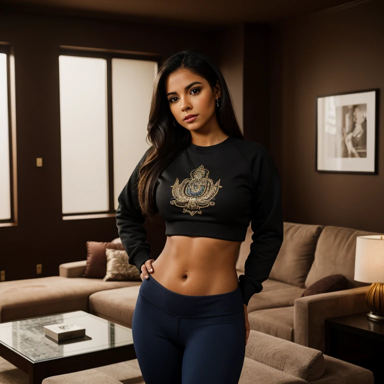 gorgeous young latina woman,in her living room, werring a legging and a sweatshirt , full body, beautiful face, masterpiece, best quality, ultra-detailed, solo, shadows, contrast, cinematic light, side lightning, ultra hight resolution, best shadow, RAW, 4k, 85 mm, Kodak vision color, cinematographer, photorealistic, realistic