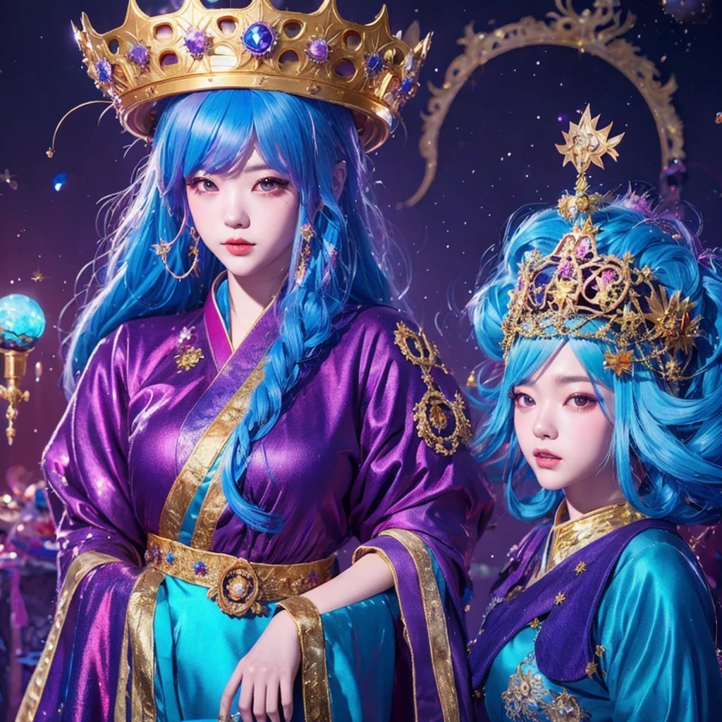 18 years old with blue hair wearing a gold crown and a blue wig, fantasy art style, ((a beautiful fantasy empress)), a beautiful fantasy empress, artwork in the style of Girl, azure. Purple pink hair, 18 years old, palace ， a girl in hanfu, beautiful celestial mage, anime girl with cosmic hair，sunglasses，