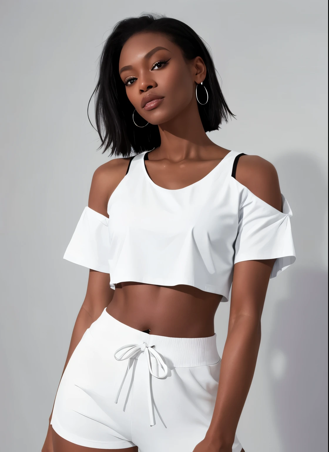 a woman in a white Crop top and black shorts, Tied shirt, Crop top, Ripped cropped t-shirt, physically : The smallest belly ever, White top, セクシーなCrop topを着て, wearing Crop top, Crop top, Wearing crop topss, Wearing crop tops, wearing a Crop top, Tight shirt