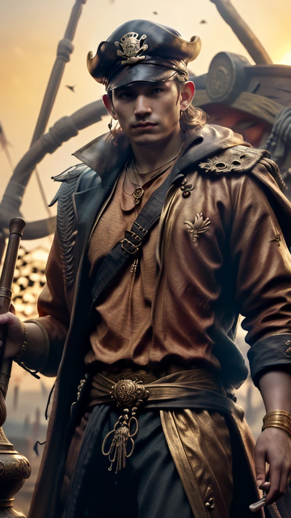 As the sun began to set, The warm golden hues of the sun illuminated his ornate attire, casting a warm glow across the area, Julius Caesar writing poetry on a pirate ship, background dark, hyper realistic, ultra detailed hyper realistic, photorealistic, Studio Lighting, reflections, dynamic pose, Cinematic, Color Grading, Photography, Shot on 50mm lens, Ultra-Wide Angle, Depth of Field, hyper-detailed, beautifully color, 8k, golden light from the front,