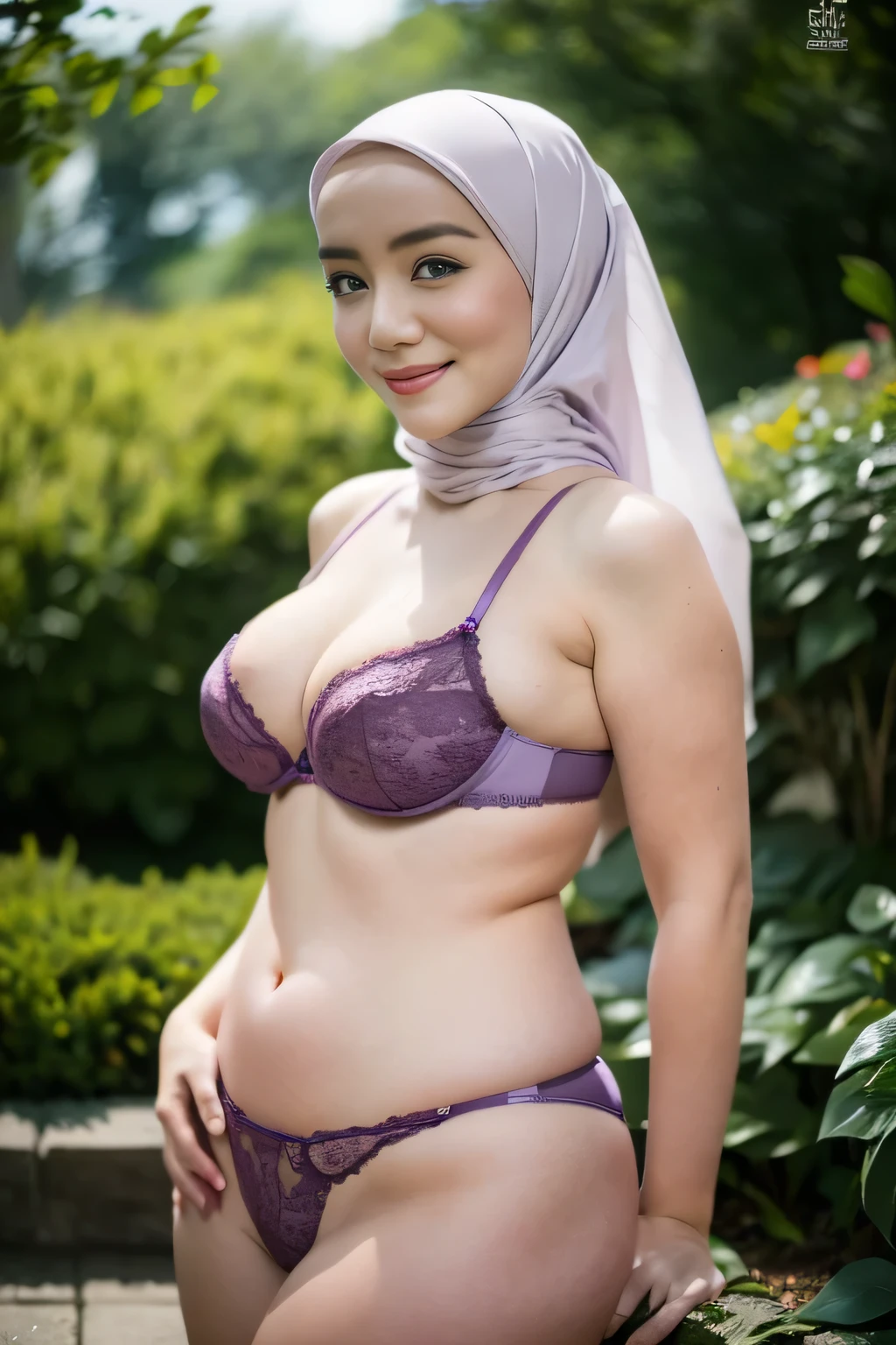 Malay hijab girl wearing undersize lilac color satin bra and panties portrait photography, mid shot photo, ultra detail, professional photograph with professional lighting, smile, at the garden, outdoor background, sexy seducing pose, curvy body, butt focused angle