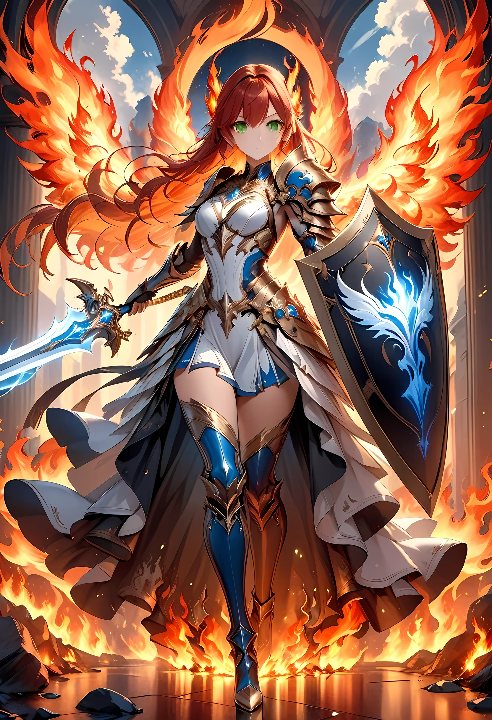 16k, ultra detailed, masterpiece, best quality, (extremely detailed), arafed, dnd art, panoramic view, full body, aasimar, female, (Masterpiece, intense details:1.3), female, divine warrior, holding ((flaming blade: 1.5)) (Masterpiece, intense details:1.3) large feathered wings,(white: 1.3) angelic wings spread (Masterpiece, intense details:1.3), fantasy magical heaven background (Masterpiece, intense details:1.3), moon, stars, clouds, wearing (azure armor: 1.3) (Masterpiece, intense details:1.3), elegant high heeled boots (Masterpiece, intense details:1.3), armed with sword, (red hair: 1.4), (green eyes: 1.4), intense eyes, ultra feminine, ultra detailed face, (Masterpiece, intense details:1.5), (anatomically correct: 1.5), determined face, divine light, cinematic lighting, soft light, silhouette, photorealism, panoramic view ((Masterpiece, intense details:1.3) , Wide-Angle, Ultra-Wide Angle, 16k, highres, best quality, faize, 2.5D rendering, phoenix dress, Sword and shield
