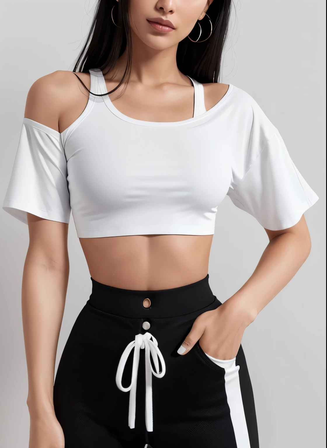 a woman in a white Crop top and black shorts, Tied shirt, Crop top, Ripped cropped t-shirt, physically : The smallest belly ever, White top, セクシーなCrop topを着て, wearing Crop top, Crop top, Wearing crop topss, Wearing crop tops, wearing a Crop top, Tight shirt