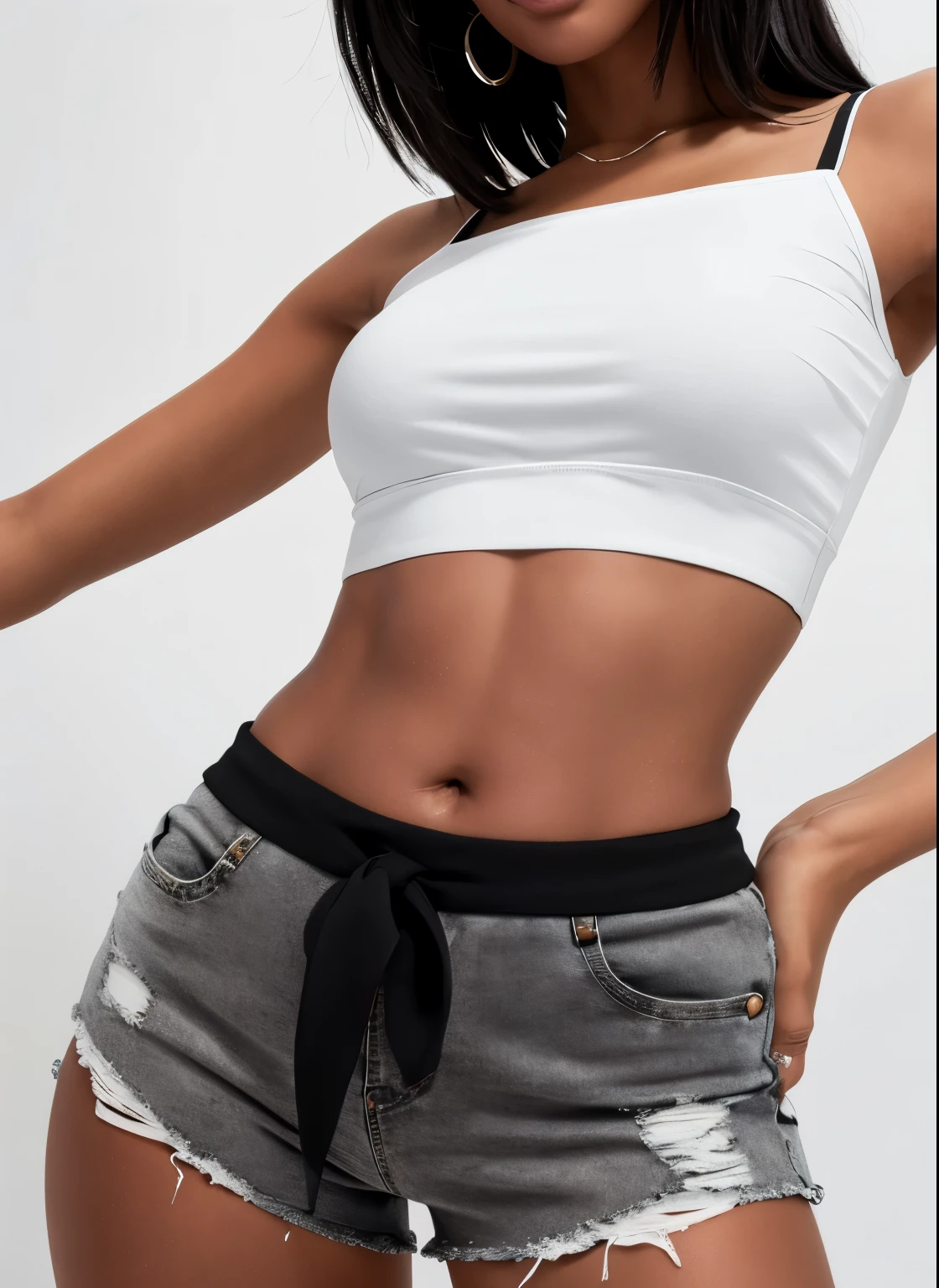 a woman in a white Crop top and black shorts, Tied shirt, Crop top, Ripped cropped t-shirt, physically : The smallest belly ever, White top, セクシーなCrop topを着て, wearing Crop top, Crop top, Wearing crop topss, Wearing crop tops, wearing a Crop top, Tight shirt