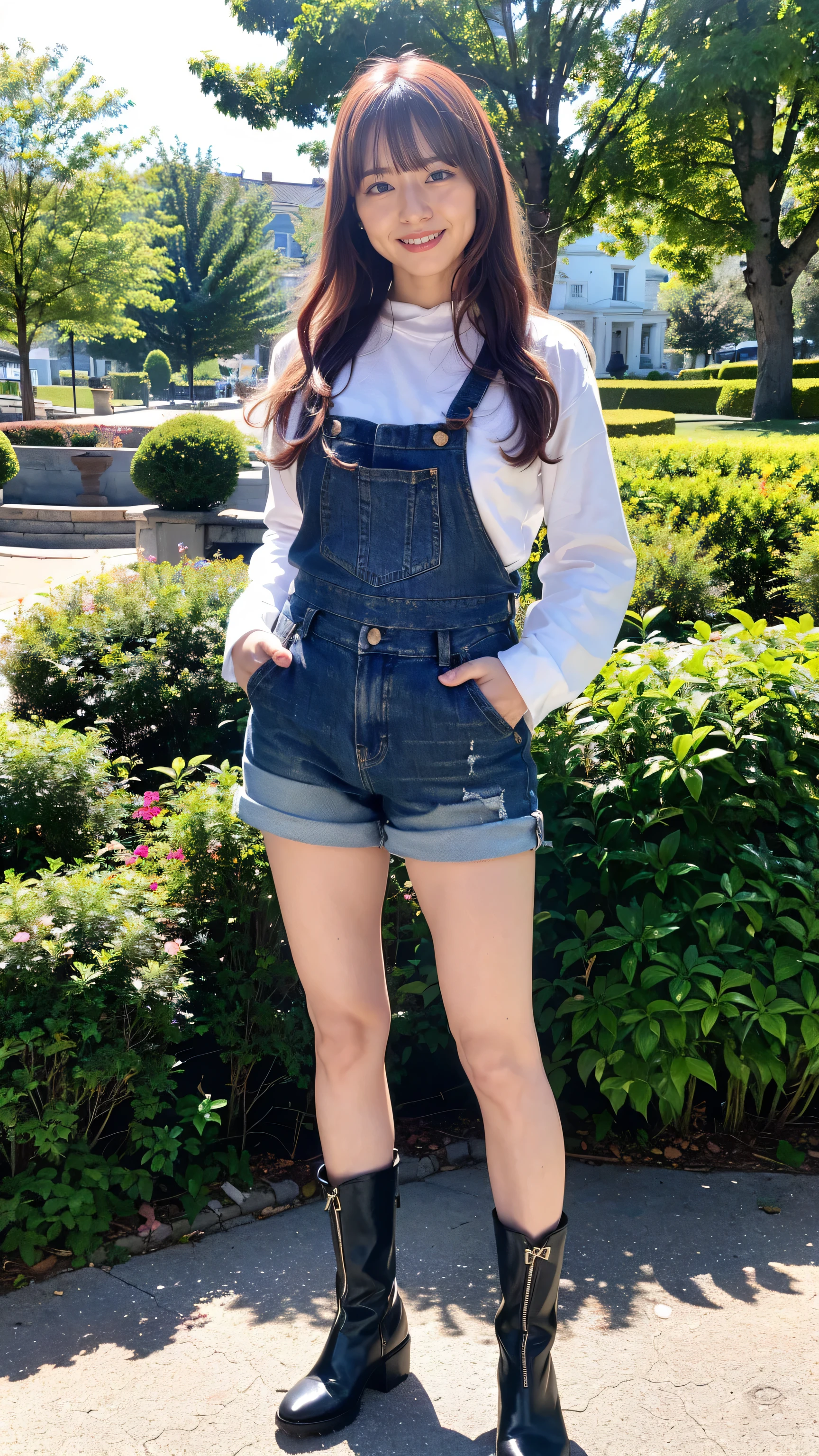 (8k、RAW Photos、highest quality、masterpiece:1.2)、(Realistic、Realistic)、1 girl、((smile、Shorts、Big Breasts、boots、whole body、garden、View from the front、Looking into the camera、Standing with hands on hips))、