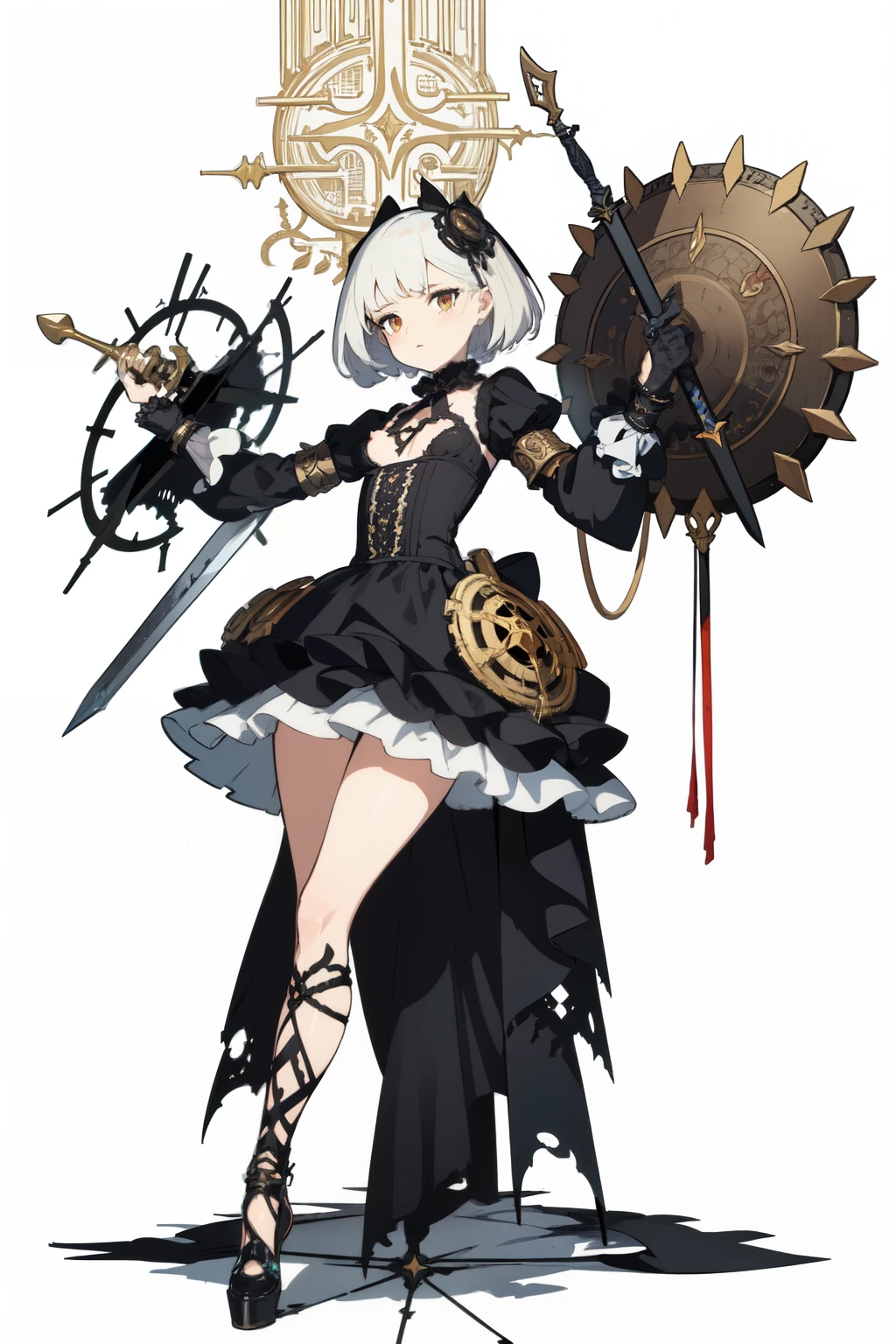 ((best quality)), ((masterpiece)), (detailed), perfect face ((best quality)), ((masterpiece)), (detailed), blank white background, plain background, white background, Bloodborne inspired, occult aesthetic, occult, detailed and intricate steampunk and detailed gothic, (zentangle, mandala, tangle, entangle), NSFW, torn clothing, Very dramatic and cinematic lighting, cosmic horror, grim-dark, side-lighting, perfect face, a beautiful goddess adorned and enshrined in armour, Bloodborne inspired , occult aesthetic , occult , detailed and intricate steampunk and detailed gothic , wielding a sword and holding a shield, NSFW, Fluttering lace flared short dress with frilly petticoats, knee length dress, pleated petticoats, lolita dress, petticoats gothic lolita, side-lighting, gothic lolita aesthetic, beautiful small breasts, small breasts, full body, whole body, body, plain background, white background, blank background, no background, white background NSFW, full body, whole body, head-to-toe