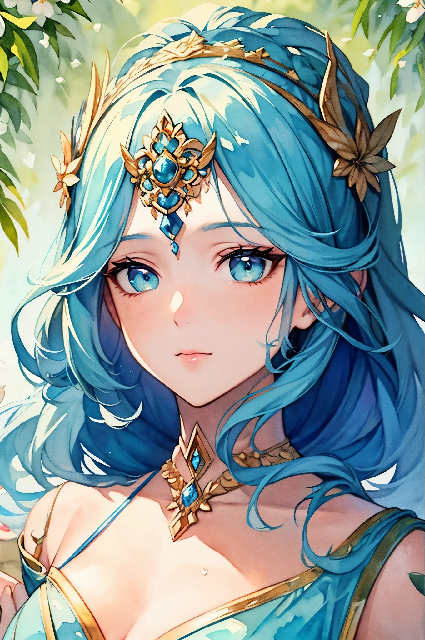 (highest quality),(masterpiece:1.2), (colorful:0.9), (splashing ink),(Color splashes),((watercolor)), Crisp and sharp focus, Model shoot,, (Portrait of the Goddess of Spring:1.5), Cute expression,Elegant blue hair, Beautifully detailed face and eyes, Elegant goddess outfit, Spring forest background,, Color Water