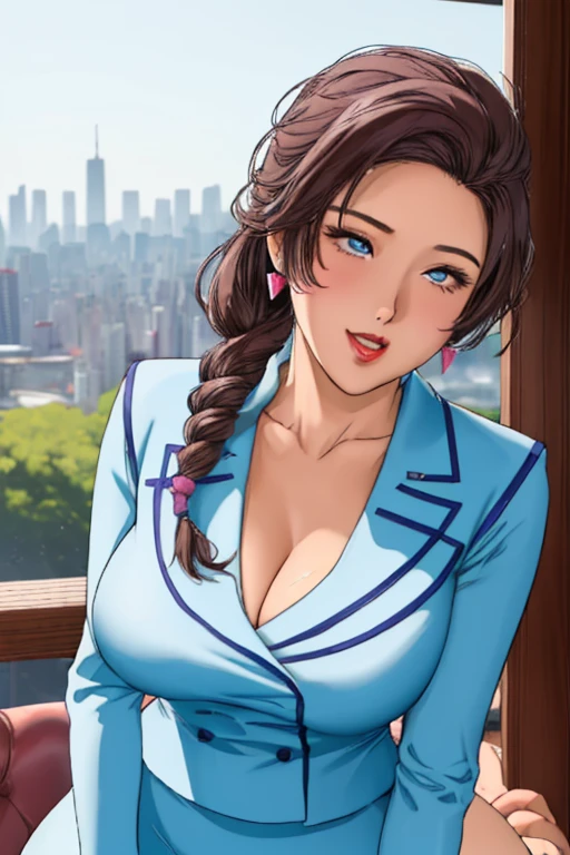 (night:1.7), Japan, Tokyo Yajo, city View, in front of a window,
Get attention、
Blue Suit、pencil skirt、White collar、cosmetic、Long sleeve、
Pink earrings、Jewel-like、Lipstick、
blue eyes、Drilling hair、Brown hair、Keep your mouth shut、Single Braid、
1 girl in、24 years old、a mature woman、beautiful fingers、beautiful long leg、beautiful身体、Beautiful nose、Beautiful character design、Perfect eyes、Face perfect、
looking at the audience、In the center of the image、
National Foundation、Official Art、Extremely detailed CG Unity 8K wallpaper、perfect ligthing、Colorful、bright_front_Face_light、
(masterpiece:1.0)、(the best_quality:1.0)、超High resolution、4k、Super detailed、
photo shoot、8K、HDR、High resolution、absurd:1.2、Kodak Portrait 400、Film particles、Background blur、Bokeh:1.2、lens flare、(energetic_color:1.2)
(beautiful turd,Large target_breast:1.4)((大breast)))breast下垂、Low-cut(((Cleavage )))、(((Wide hips,)))(((Hourglass figure)))((Long legs)), (beautiful_Face:1.5),(narrow_waist),Blush:1.3、Full of