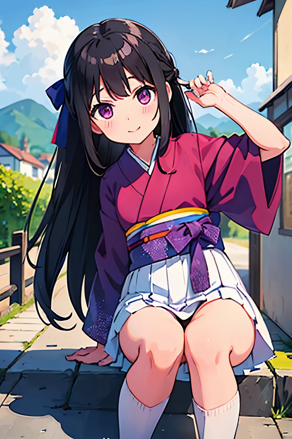 , 8 years old, flat chesir, long hair Ribbon on head Ms. Haikara Purple eyes smile(one person) Upper body: Taisho period kimono Lower body: Hakama from the Taisho period White panties((I can see her panties))White socks Brown boots Crouching Rural landscape Dynamic angle Low angle