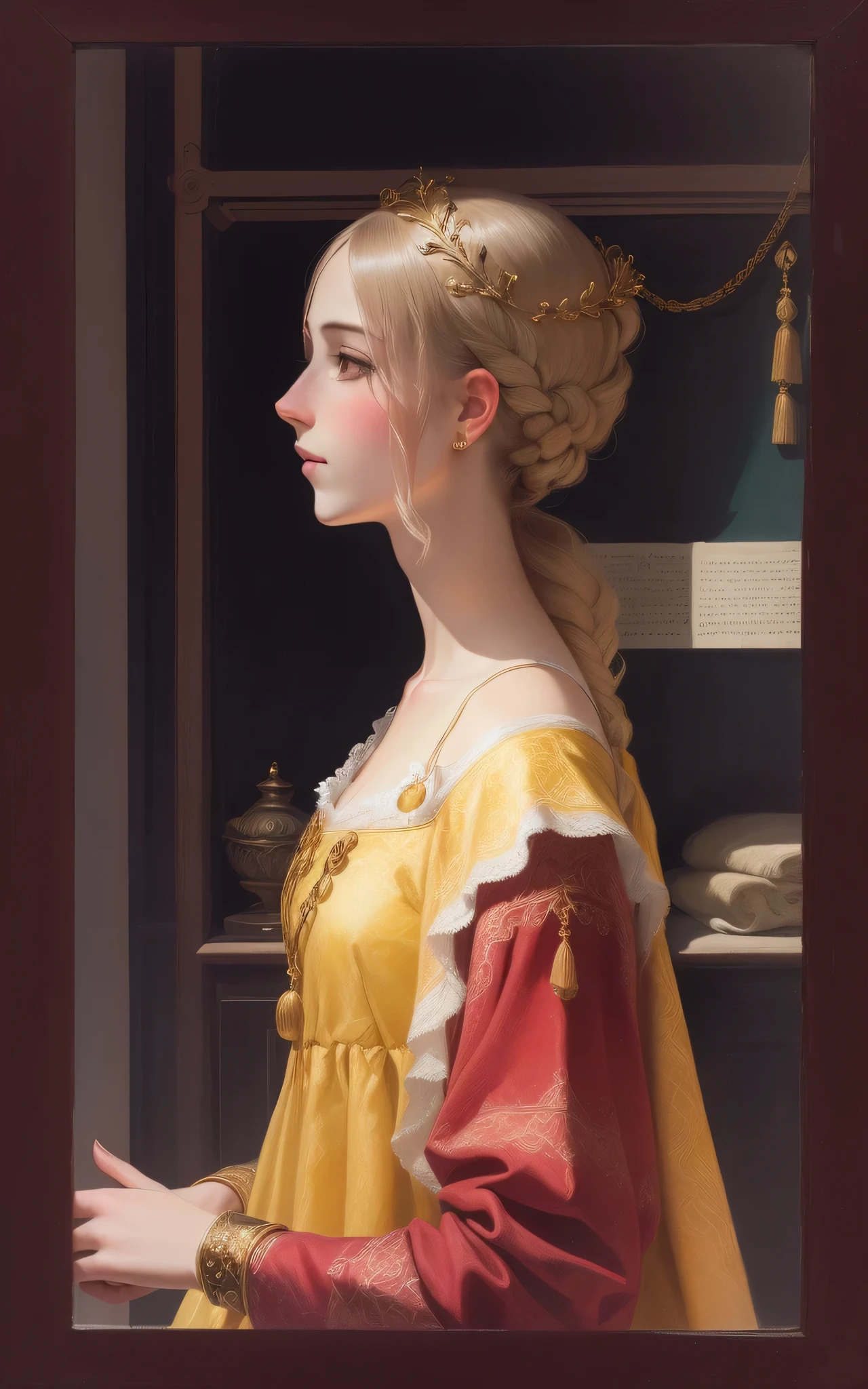Arafed portrait of a woman in a yellow dress and a red and gold dress, Inspired by Domenico Ghirlandaio, Inspired by Ridolfo Ghirlandaio, Portrait of Helen of Troy, Portrait of a priestess, Inspired by Giovanni Bernardino Asoleni, Inspired by Domenico Quario the Younger