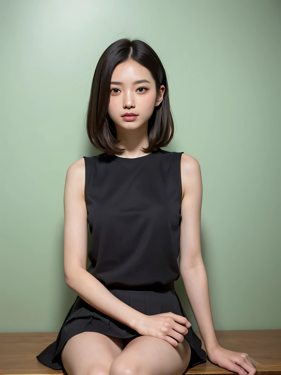 (masterpiece:1.3)、Very fine finish、(High resolution、8k:1.3)、highest quality、Beautiful Hands、Beautiful Hands指、(Ultra-realistic as a photo:1.3), Ultra High Resolution Face、The face is in focus、Ultra high definition and beautiful eyes、(Concentrated eyes:1.3)、(Eyes are symmetrical:1.3)、High quality and beautiful skin、Firm Skin、Natural Makeup、Gloss lips, Ultra HD Hair Texture、Japanese women、high school girl、、(High sleeveless:1.3), very cute, Very short hair:1.2, (Sitting:1.3), Mid-chest, (Flip up the skirt、Small panties are visible from the skirt:1.1), Pink wall、 (Very embarrassed:1.3), (blush:1.3), (View Viewer:1.2)、smile、