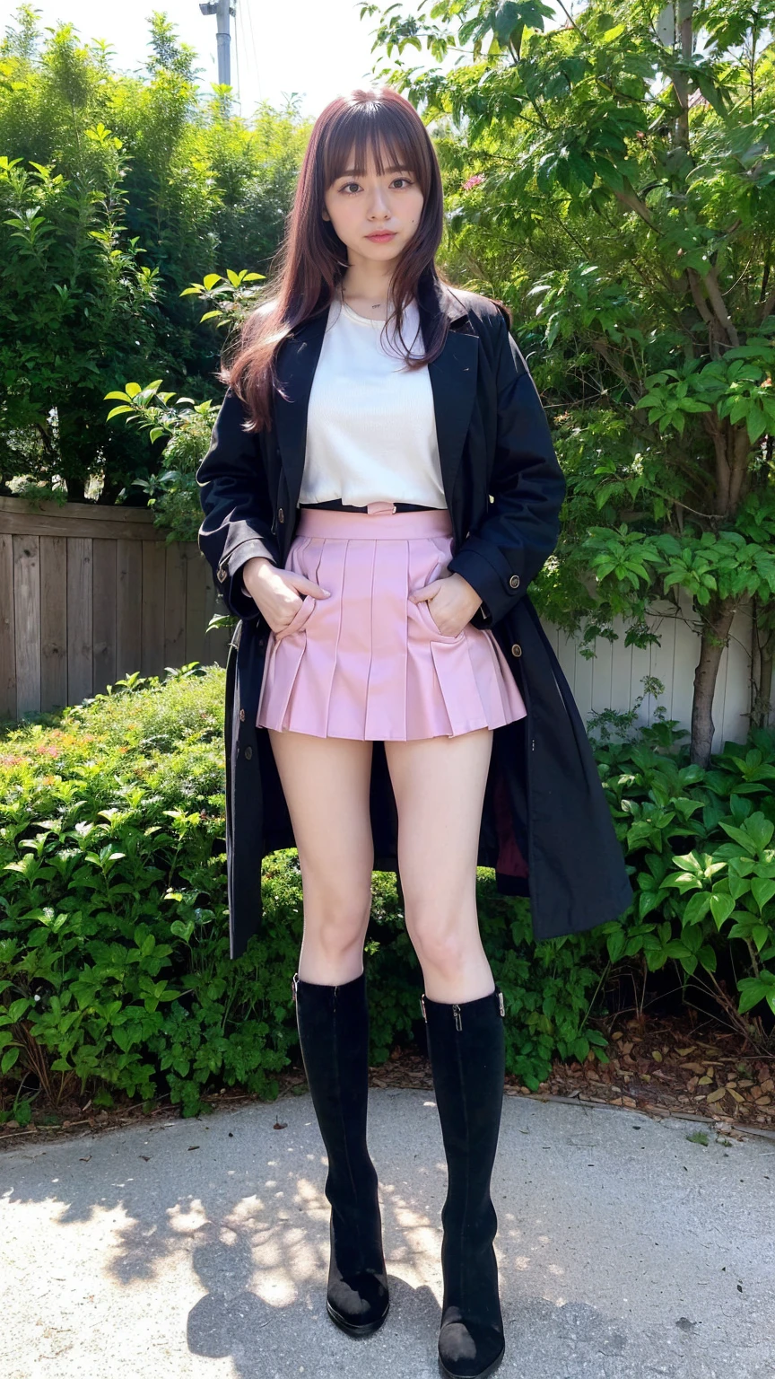 (8k、RAW Photos、highest quality、masterpiece:1.2)、(Realistic、Realistic)、1 girl、((Pink Coat、Black Mini Skirt、Knee socks、、Big Breasts、boots、whole body、garden、View from the front、Looking into the camera、Standing with hands on hips))、